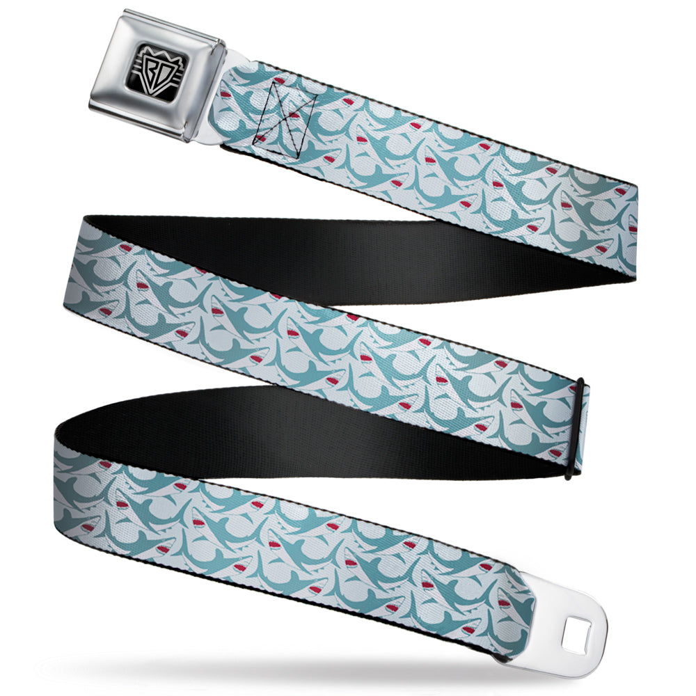 BD Wings Logo CLOSE-UP Full Color Black Silver Seatbelt Belt - Shark 3-Rows Light Blue Webbing Seatbelt Belts Buckle-Down