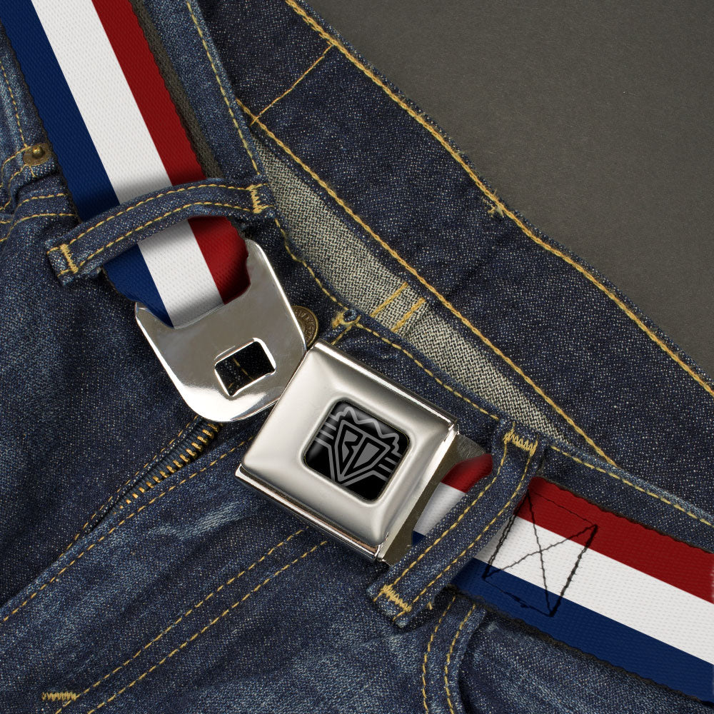 BD Wings Logo CLOSE-UP Black/Silver Seatbelt Belt - Stripes Red/White/Blue Webbing Seatbelt Belts Buckle-Down