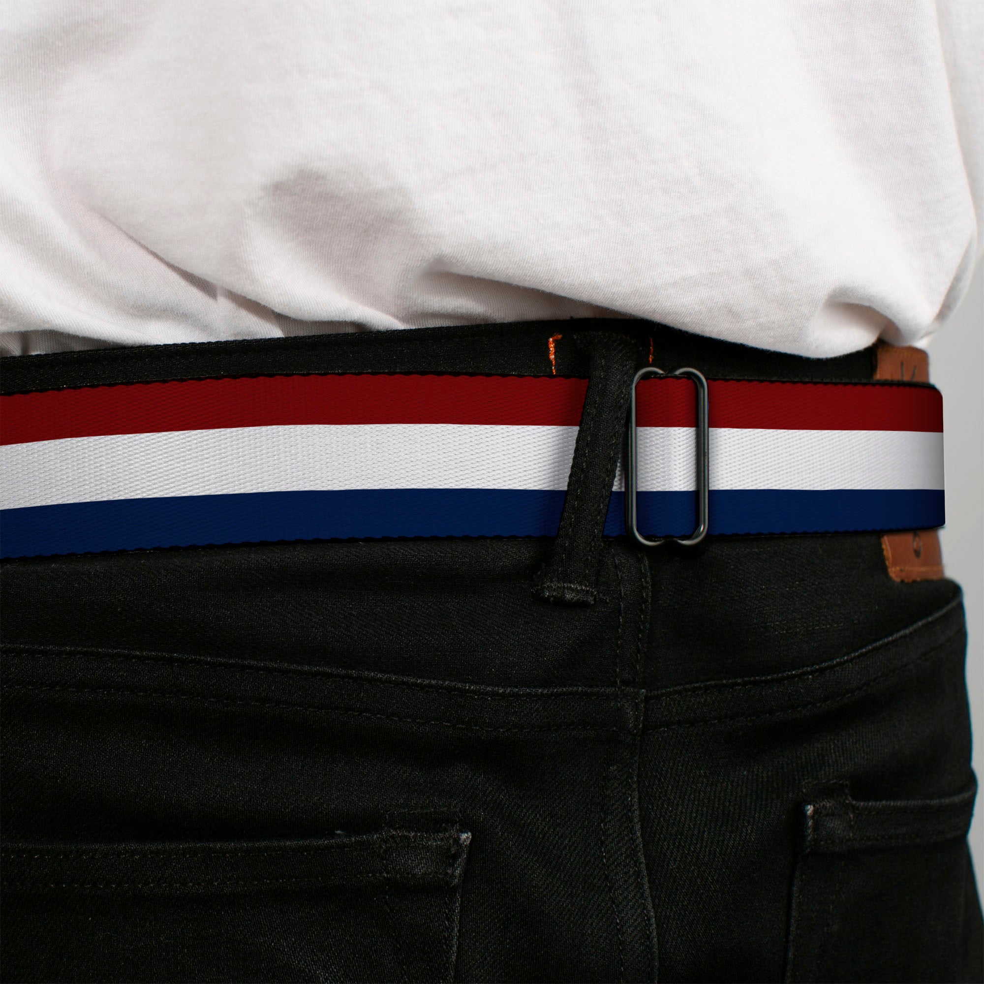 BD Wings Logo CLOSE-UP Black/Silver Seatbelt Belt - Stripes Red/White/Blue Webbing Seatbelt Belts Buckle-Down