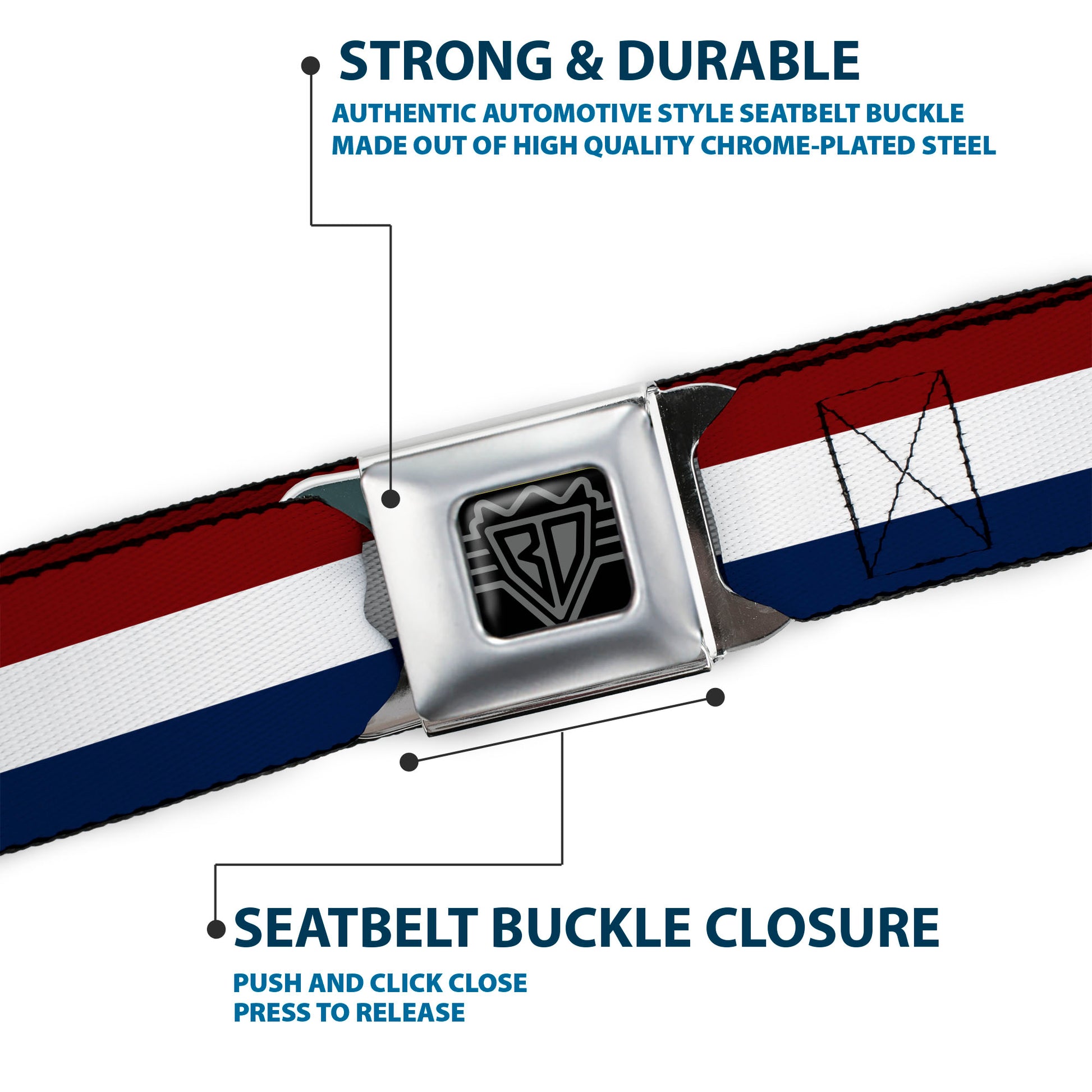 BD Wings Logo CLOSE-UP Black/Silver Seatbelt Belt - Stripes Red/White/Blue Webbing Seatbelt Belts Buckle-Down