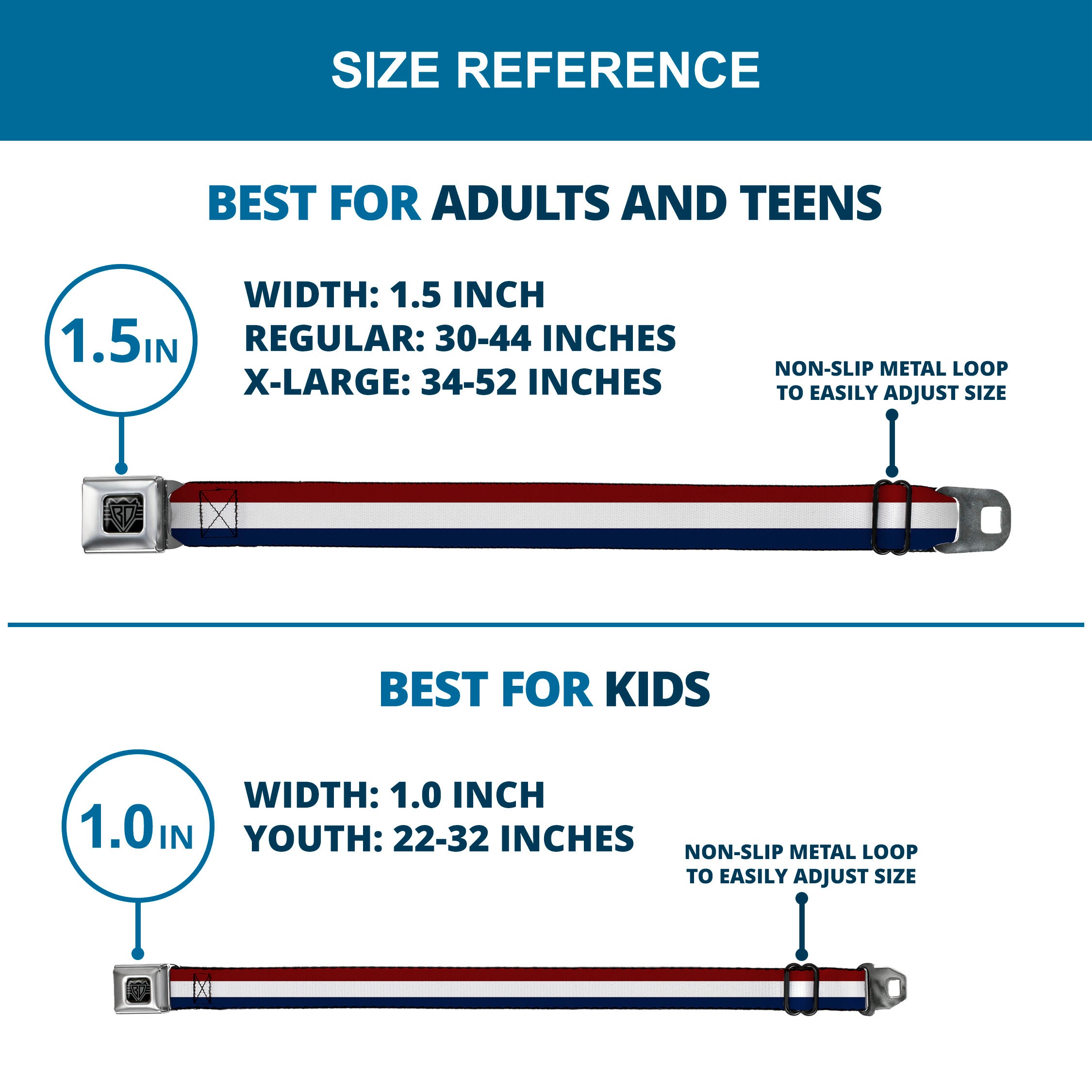 BD Wings Logo CLOSE-UP Black/Silver Seatbelt Belt - Stripes Red/White/Blue Webbing Seatbelt Belts Buckle-Down