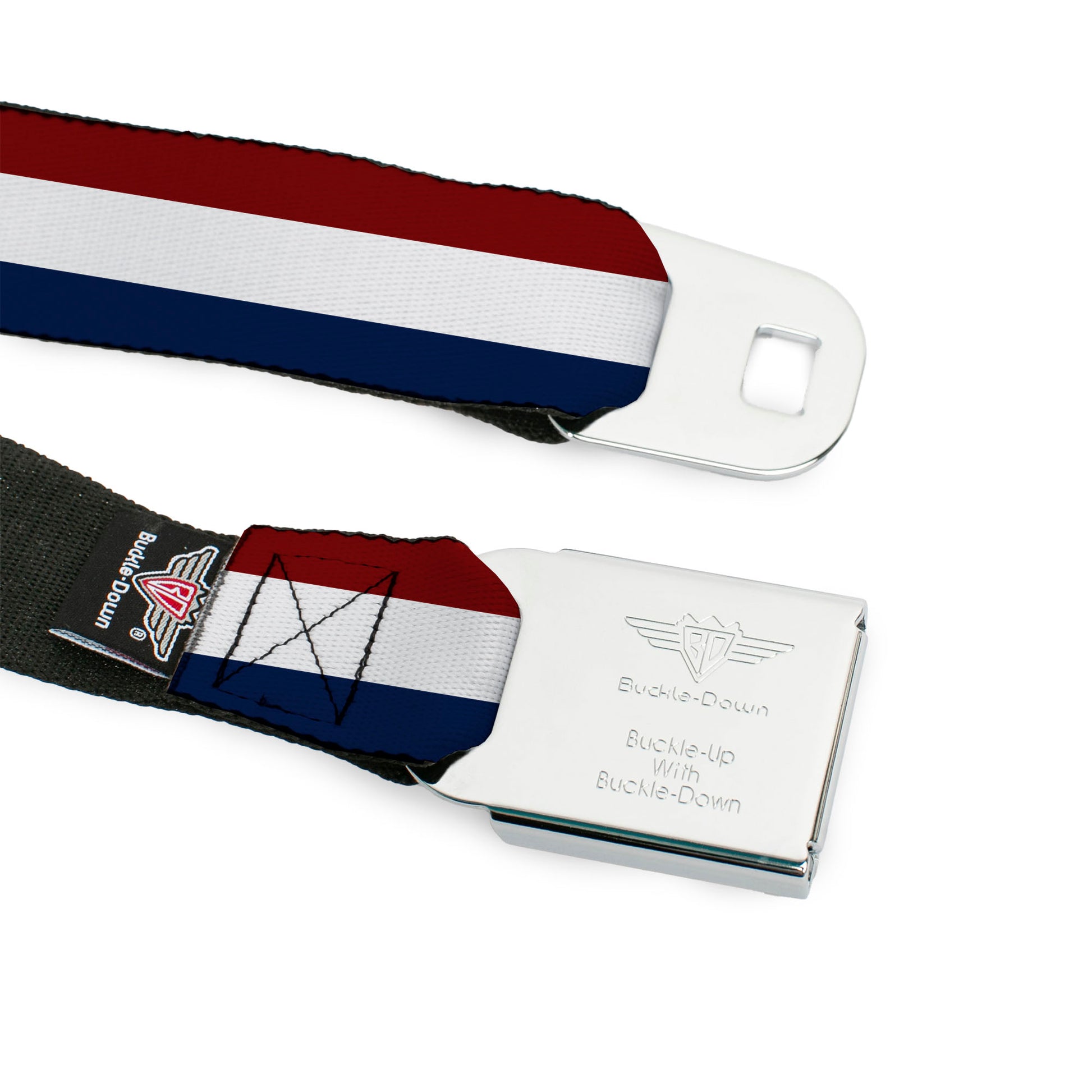 BD Wings Logo CLOSE-UP Black/Silver Seatbelt Belt - Stripes Red/White/Blue Webbing Seatbelt Belts Buckle-Down
