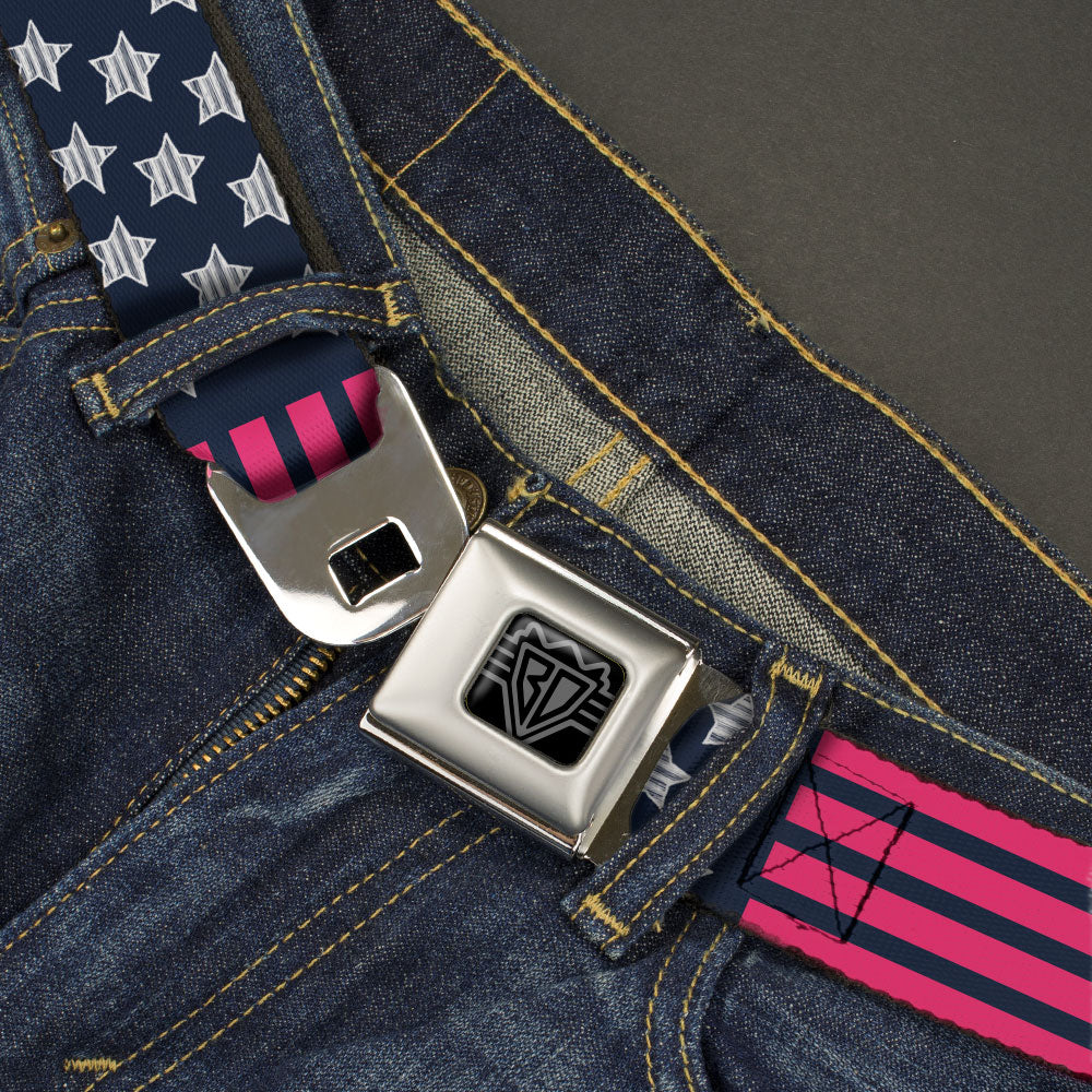 BD Wings Logo CLOSE-UP Black/Silver Seatbelt Belt - Stars & Stripes2 Blue/White/Pink Webbing Seatbelt Belts Buckle-Down
