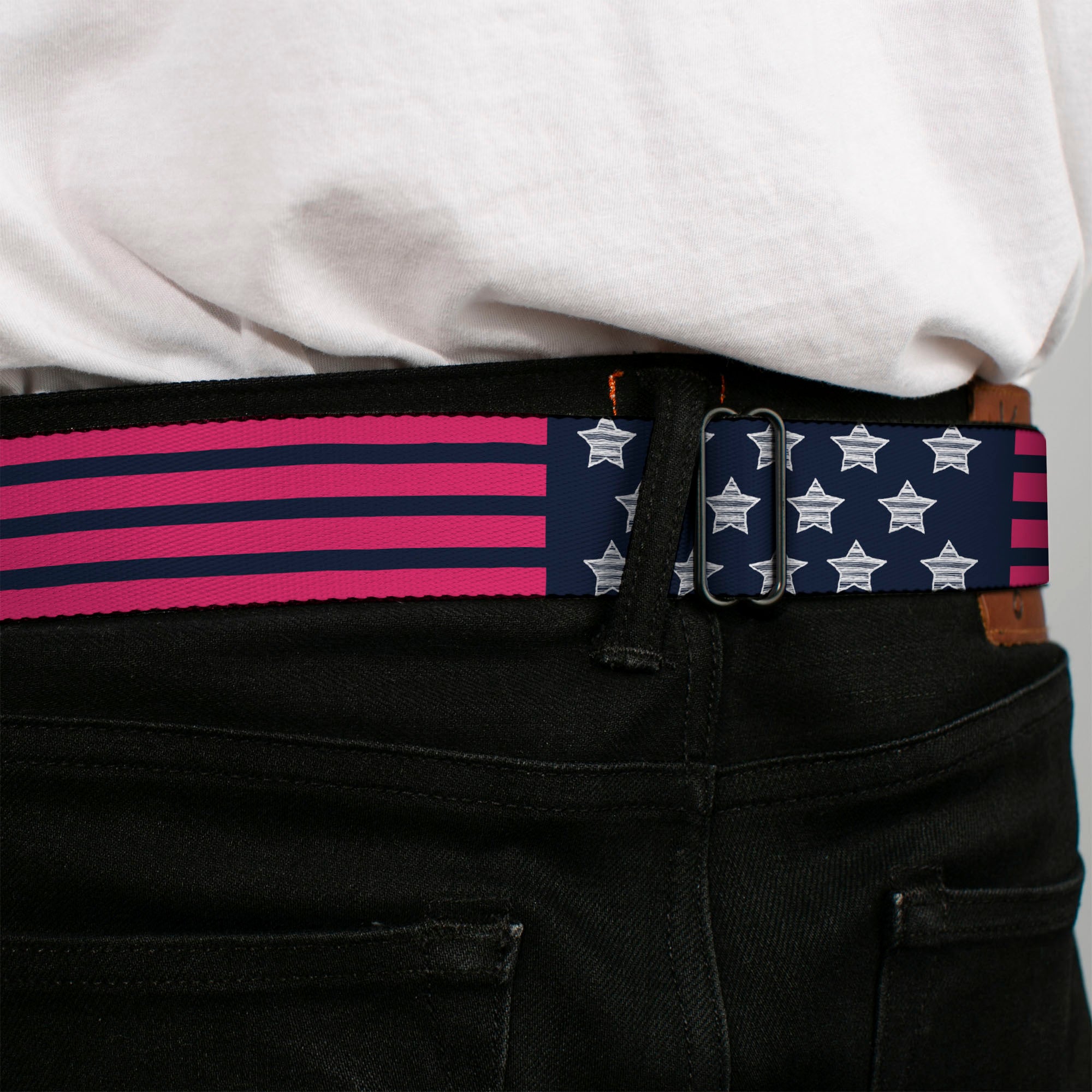 BD Wings Logo CLOSE-UP Black/Silver Seatbelt Belt - Stars & Stripes2 Blue/White/Pink Webbing Seatbelt Belts Buckle-Down