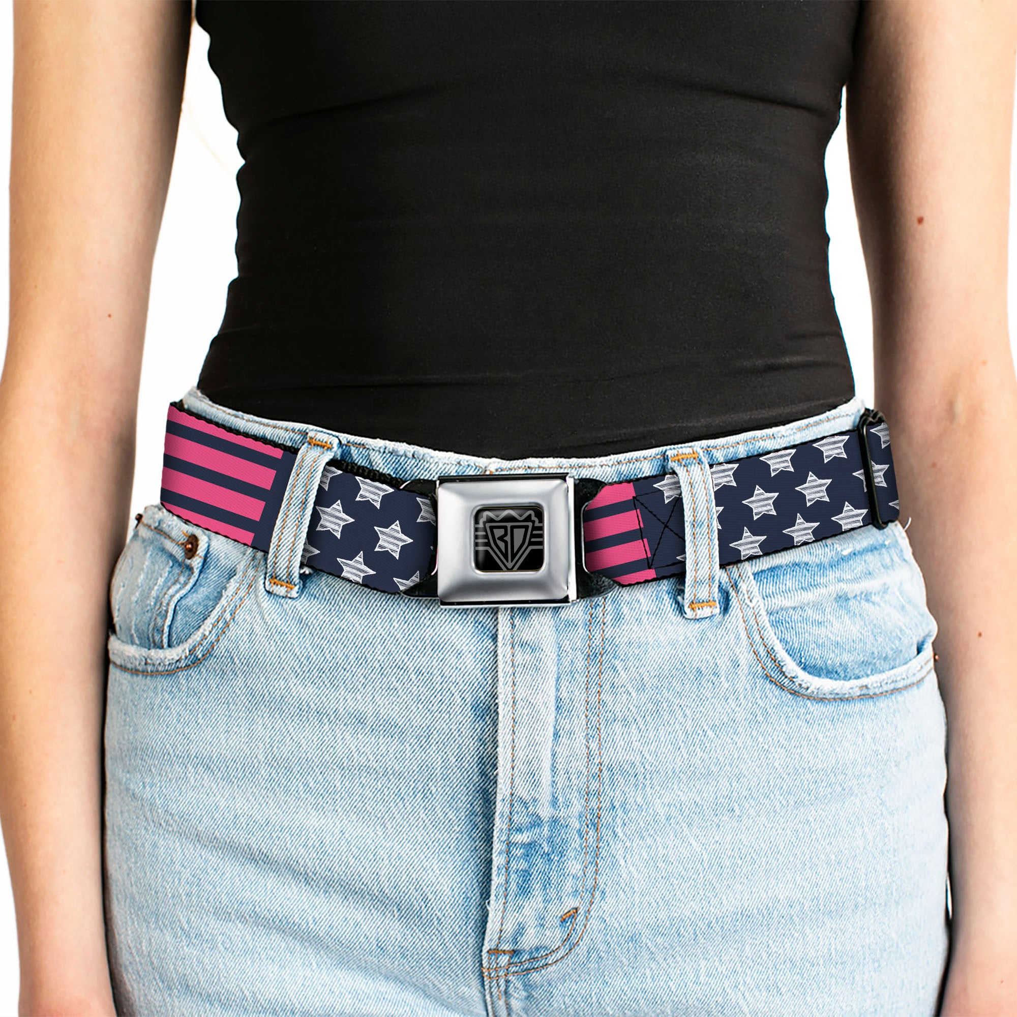 BD Wings Logo CLOSE-UP Black/Silver Seatbelt Belt - Stars & Stripes2 Blue/White/Pink Webbing Seatbelt Belts Buckle-Down