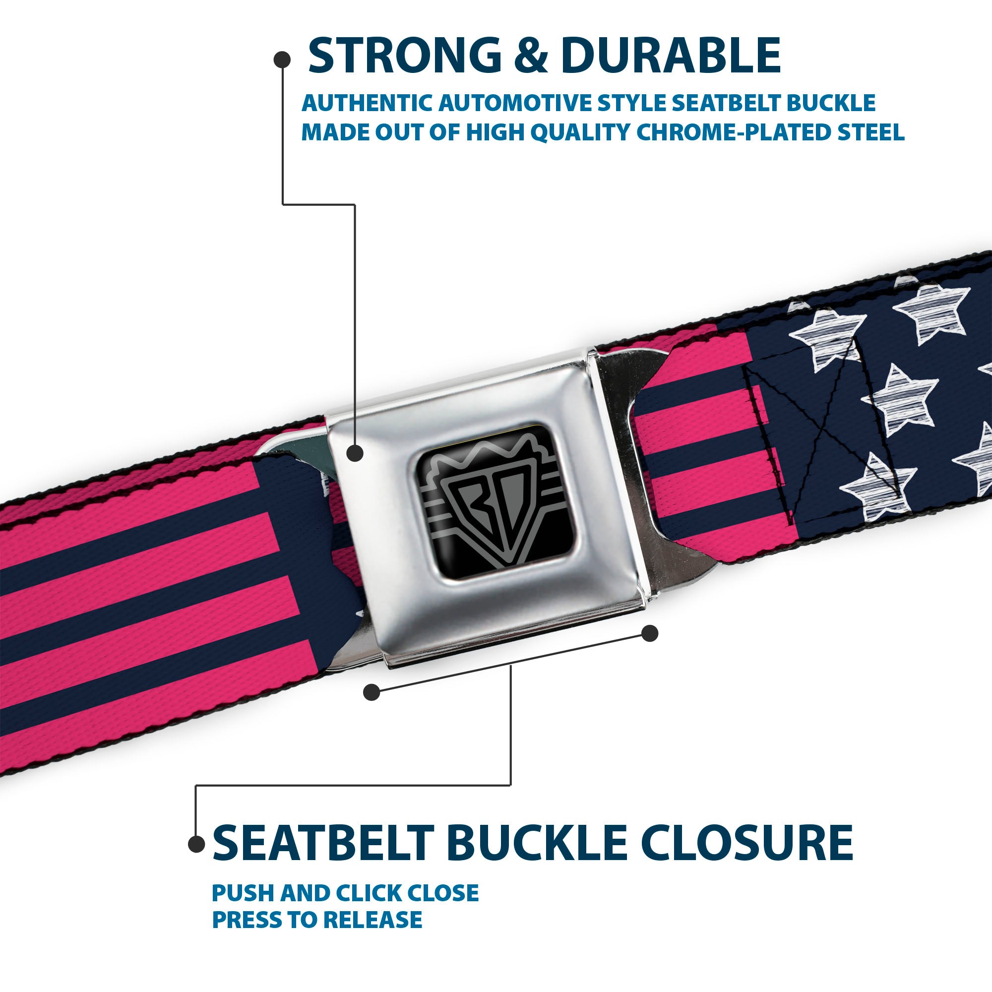 BD Wings Logo CLOSE-UP Black/Silver Seatbelt Belt - Stars & Stripes2 Blue/White/Pink Webbing Seatbelt Belts Buckle-Down