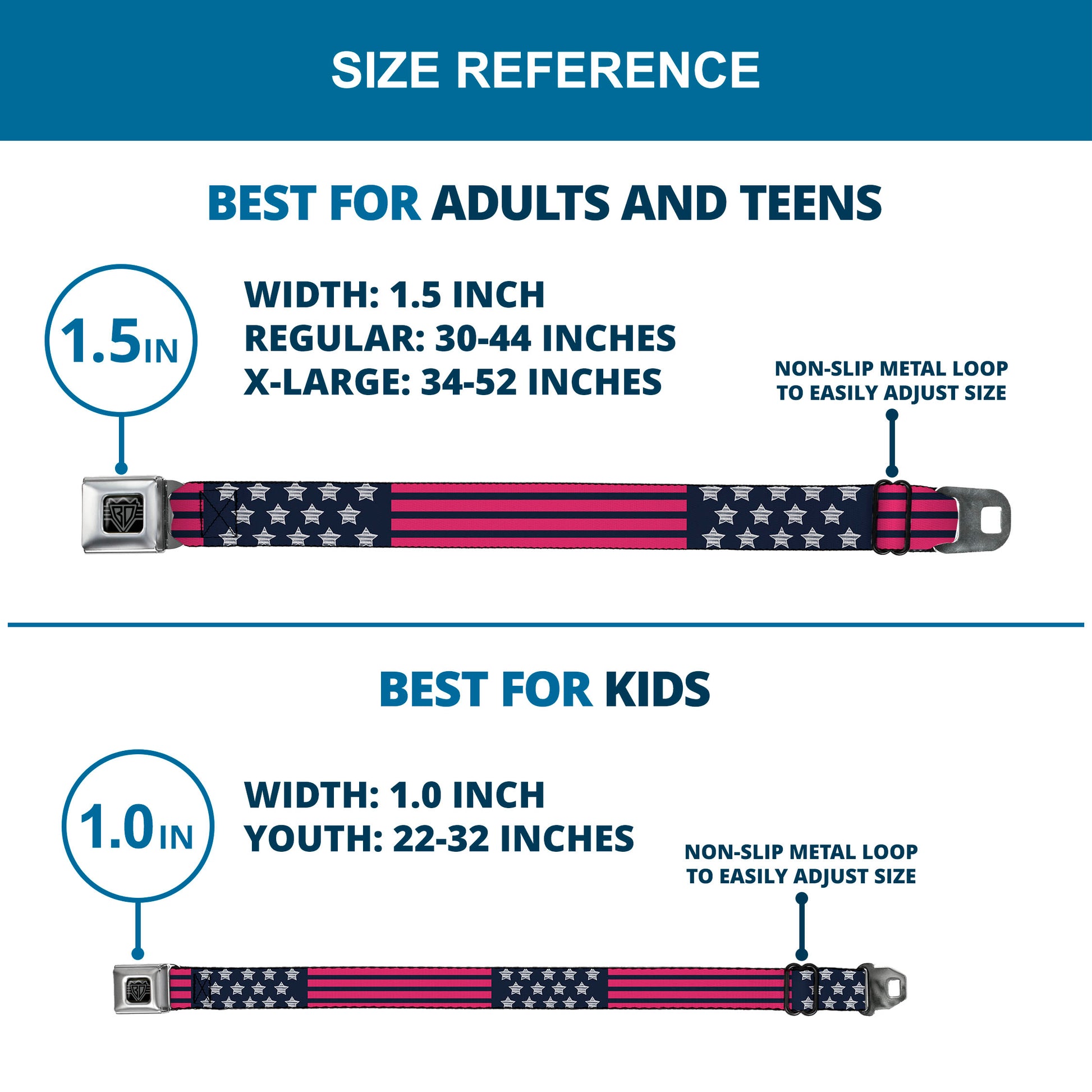 BD Wings Logo CLOSE-UP Black/Silver Seatbelt Belt - Stars & Stripes2 Blue/White/Pink Webbing Seatbelt Belts Buckle-Down