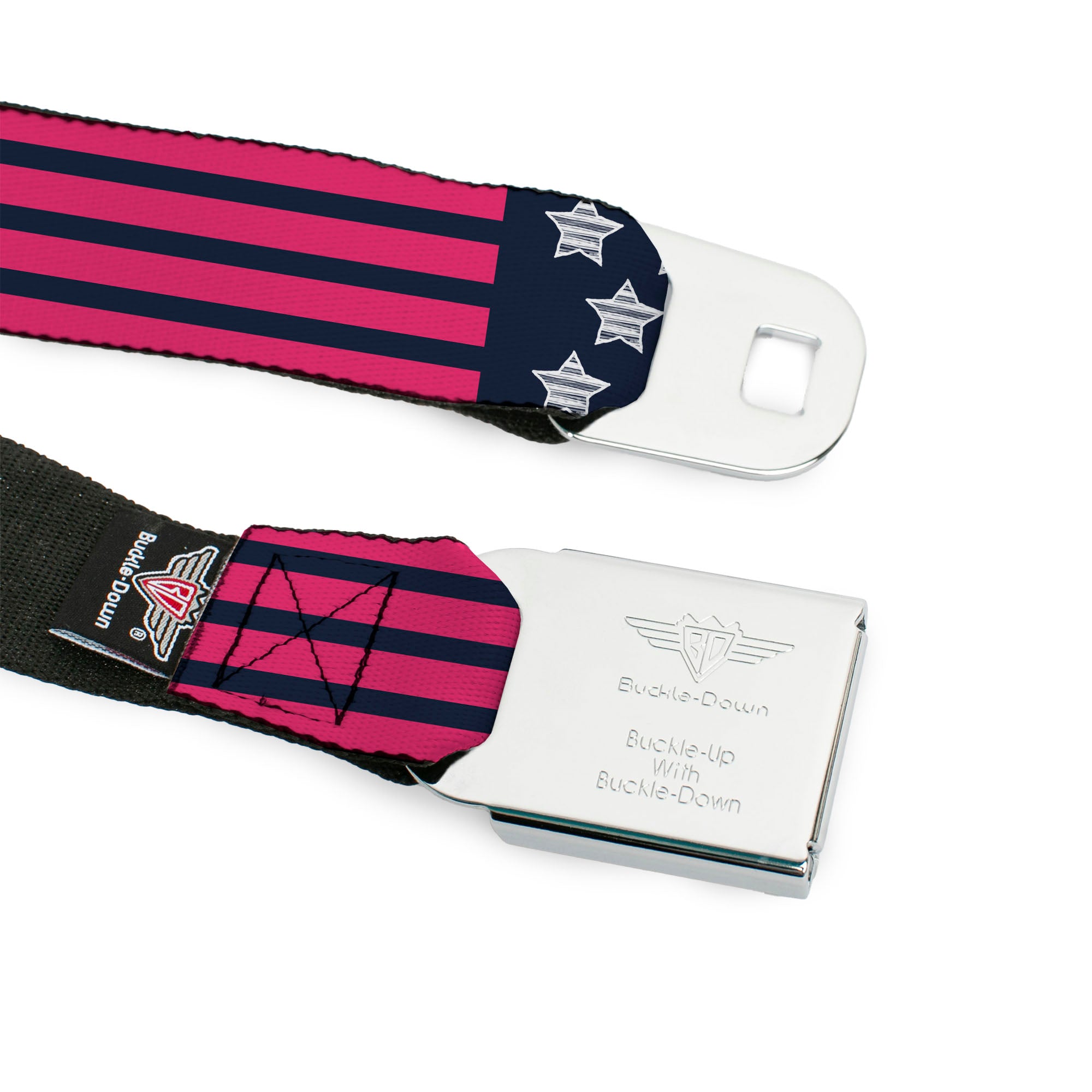 BD Wings Logo CLOSE-UP Black/Silver Seatbelt Belt - Stars & Stripes2 Blue/White/Pink Webbing Seatbelt Belts Buckle-Down
