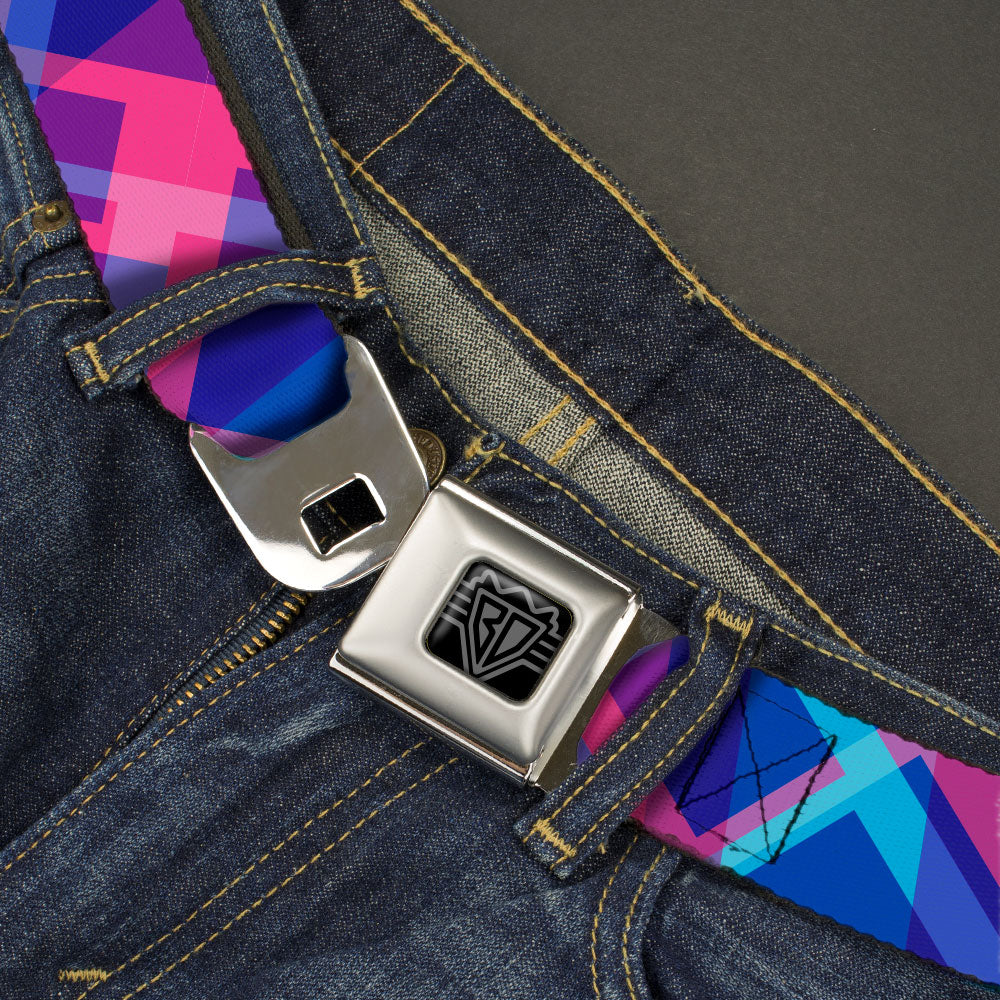 BD Wings Logo CLOSE-UP Black/Silver Seatbelt Belt - Squares Stacked Blues/Pinks/Purples Webbing Seatbelt Belts Buckle-Down