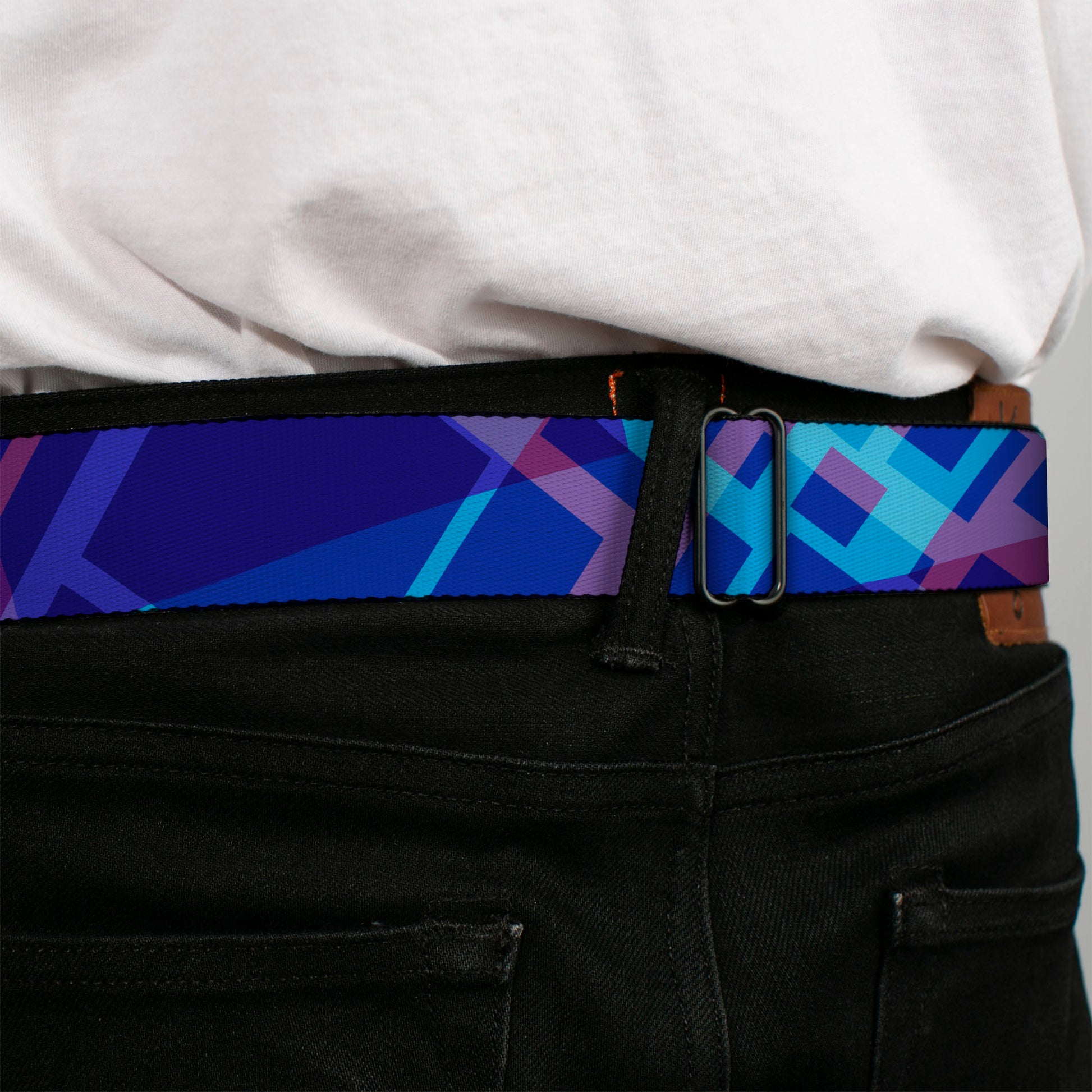 BD Wings Logo CLOSE-UP Black/Silver Seatbelt Belt - Squares Stacked Blues/Pinks/Purples Webbing Seatbelt Belts Buckle-Down