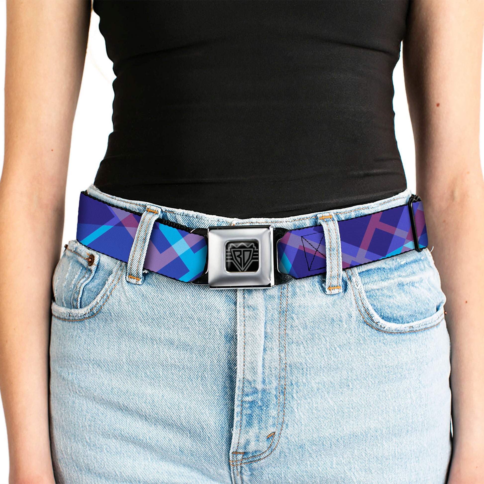 BD Wings Logo CLOSE-UP Black/Silver Seatbelt Belt - Squares Stacked Blues/Pinks/Purples Webbing Seatbelt Belts Buckle-Down