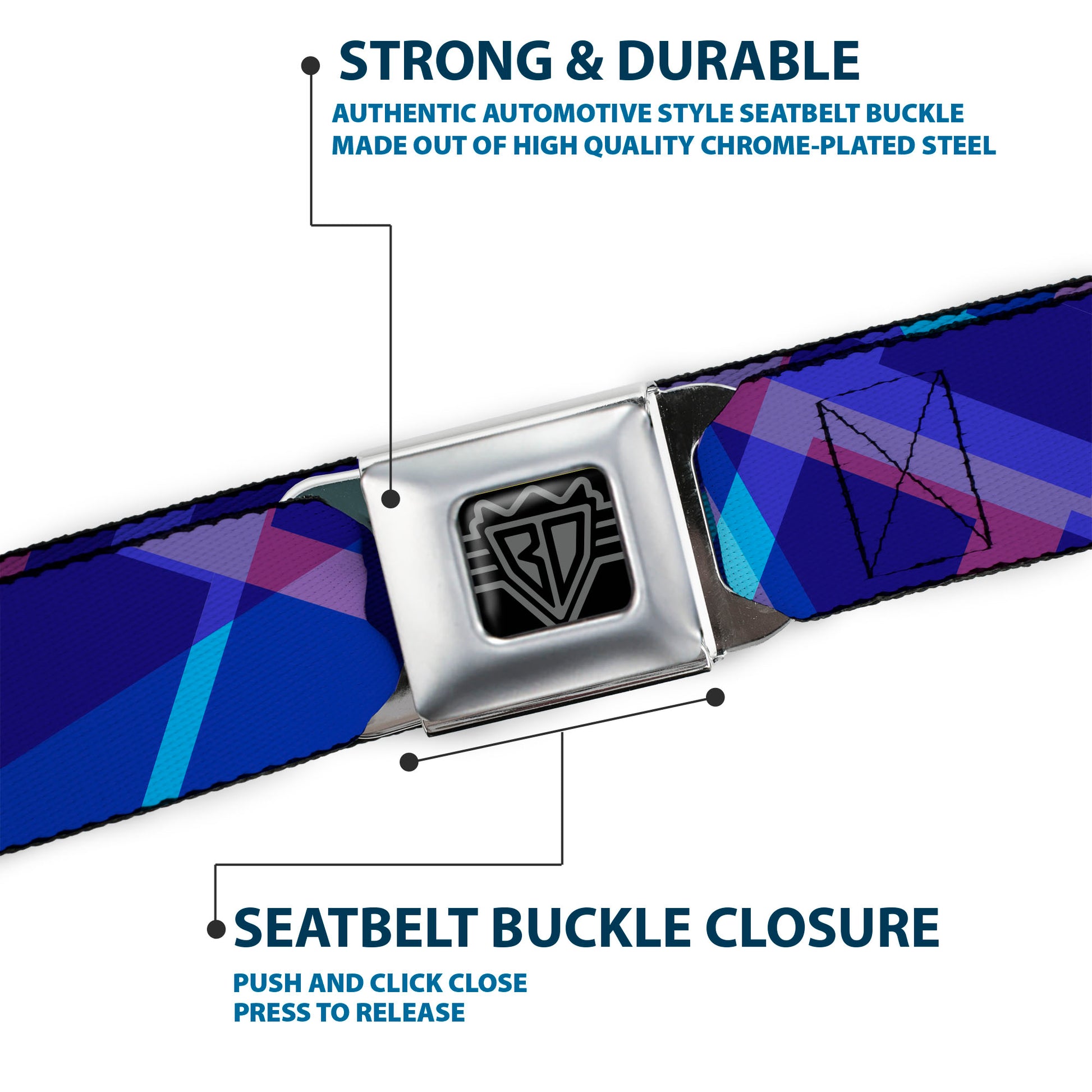BD Wings Logo CLOSE-UP Black/Silver Seatbelt Belt - Squares Stacked Blues/Pinks/Purples Webbing Seatbelt Belts Buckle-Down