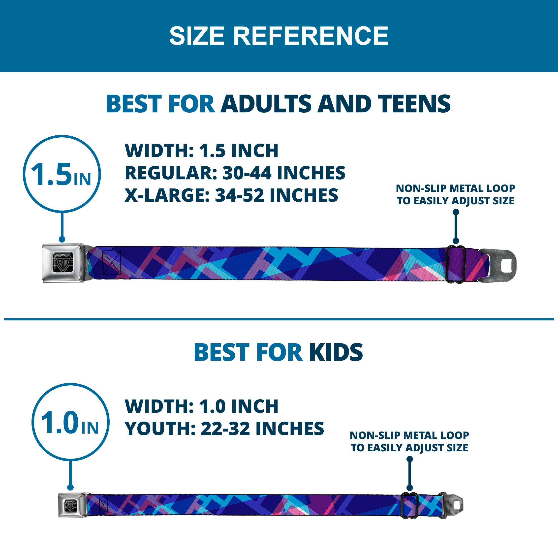 BD Wings Logo CLOSE-UP Black/Silver Seatbelt Belt - Squares Stacked Blues/Pinks/Purples Webbing Seatbelt Belts Buckle-Down