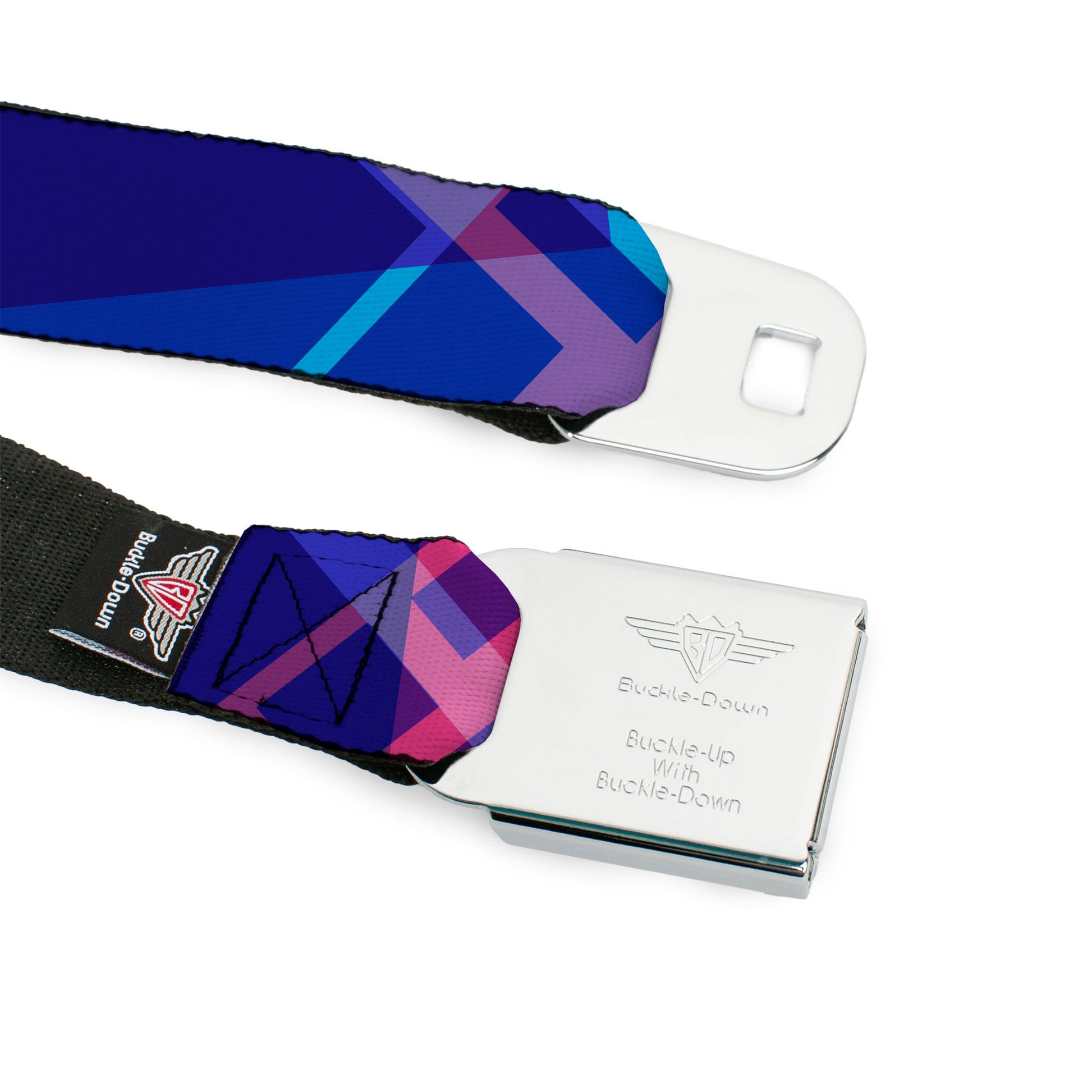 BD Wings Logo CLOSE-UP Black/Silver Seatbelt Belt - Squares Stacked Blues/Pinks/Purples Webbing Seatbelt Belts Buckle-Down