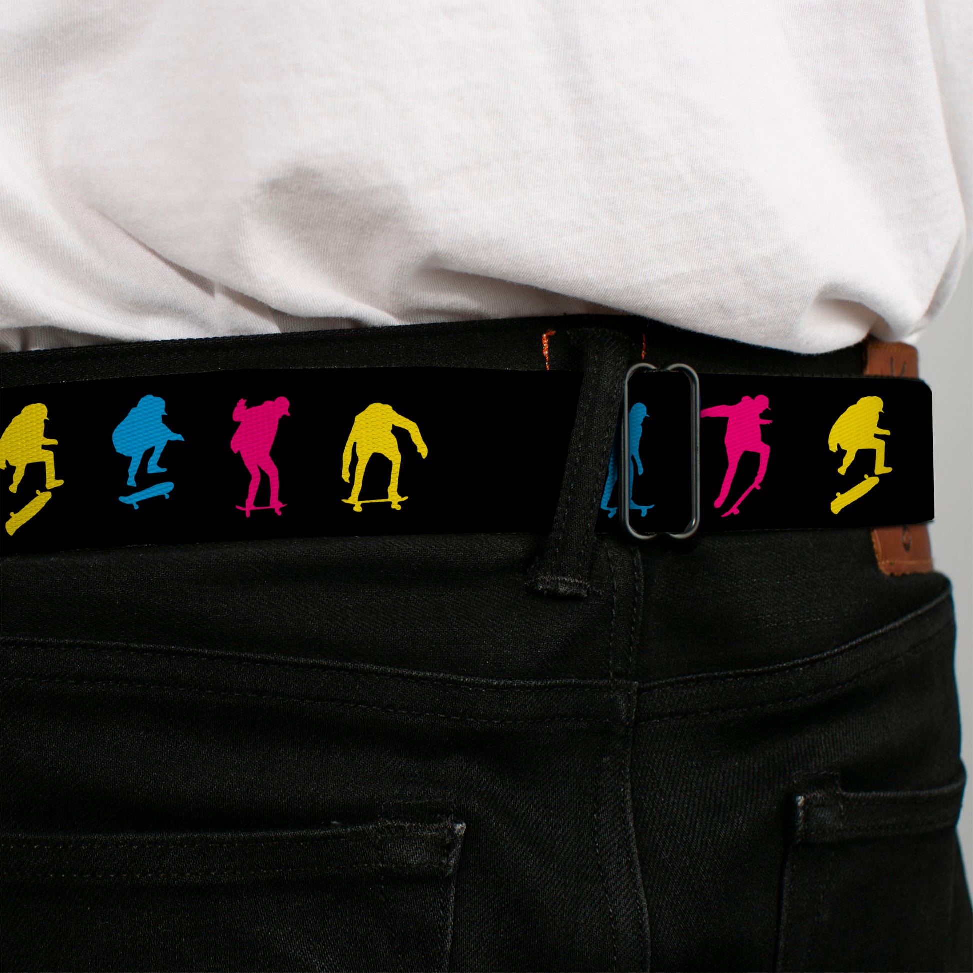BD Wings Logo CLOSE-UP Black/Silver Seatbelt Belt - Skater Kickflip Sequence Silhouette Black/Blue/Pink/Yellow Webbing Seatbelt Belts Buckle-Down