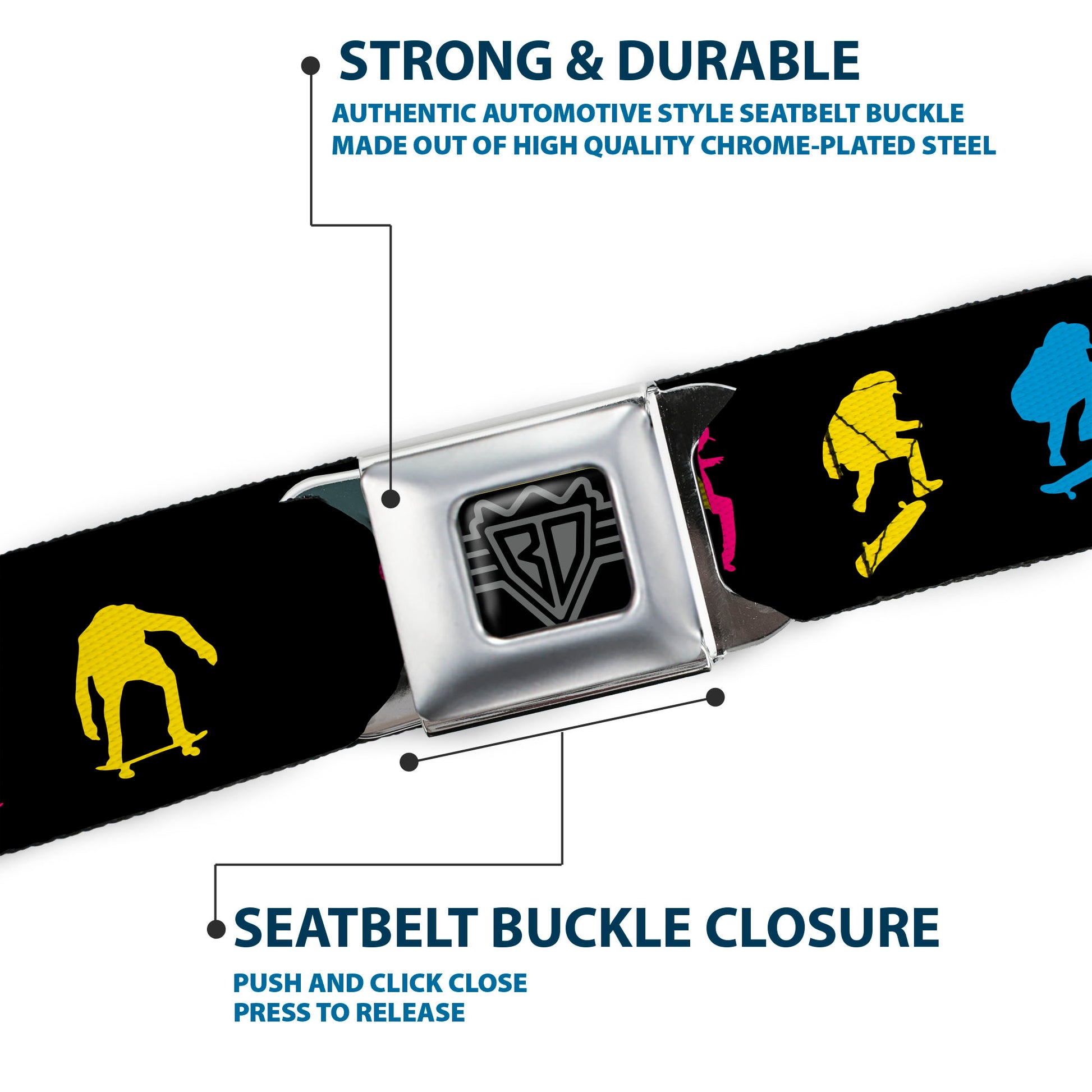 BD Wings Logo CLOSE-UP Black/Silver Seatbelt Belt - Skater Kickflip Sequence Silhouette Black/Blue/Pink/Yellow Webbing Seatbelt Belts Buckle-Down
