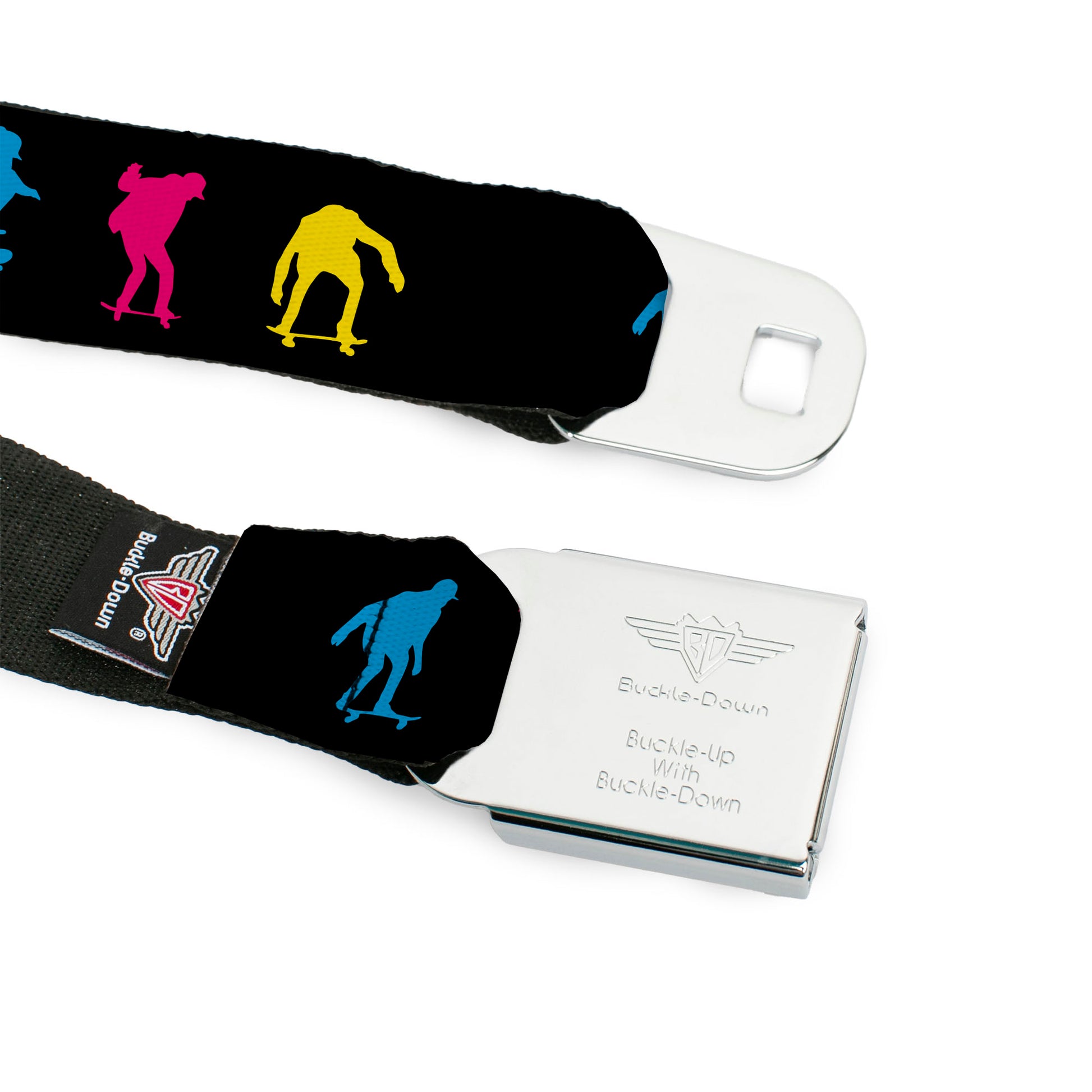 BD Wings Logo CLOSE-UP Black/Silver Seatbelt Belt - Skater Kickflip Sequence Silhouette Black/Blue/Pink/Yellow Webbing Seatbelt Belts Buckle-Down