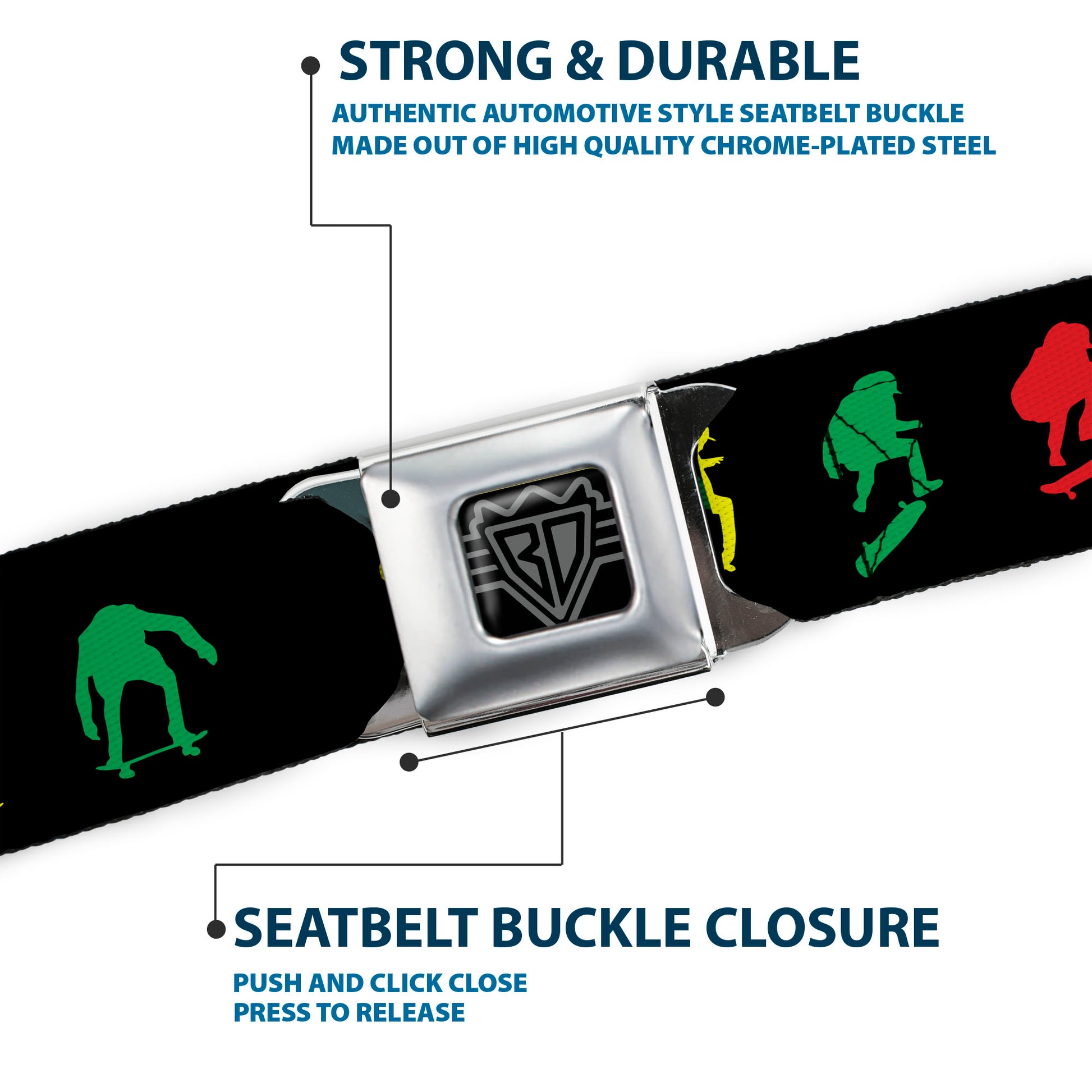 BD Wings Logo CLOSE-UP Black/Silver Seatbelt Belt - Skater Kickflip Sequence Silhouette Black/Red/Yellow/Green Webbing Seatbelt Belts Buckle-Down