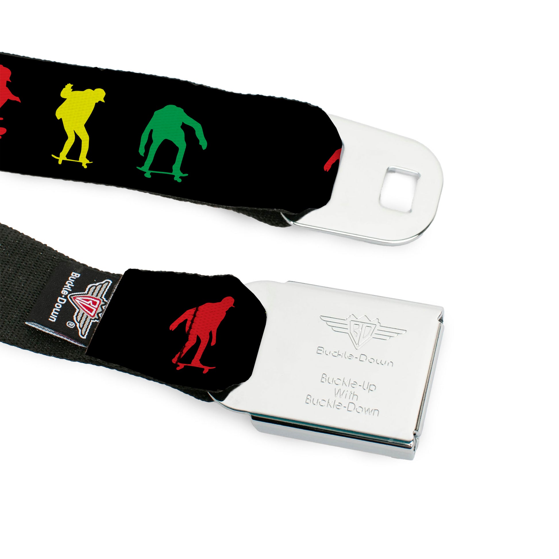 BD Wings Logo CLOSE-UP Black/Silver Seatbelt Belt - Skater Kickflip Sequence Silhouette Black/Red/Yellow/Green Webbing Seatbelt Belts Buckle-Down
