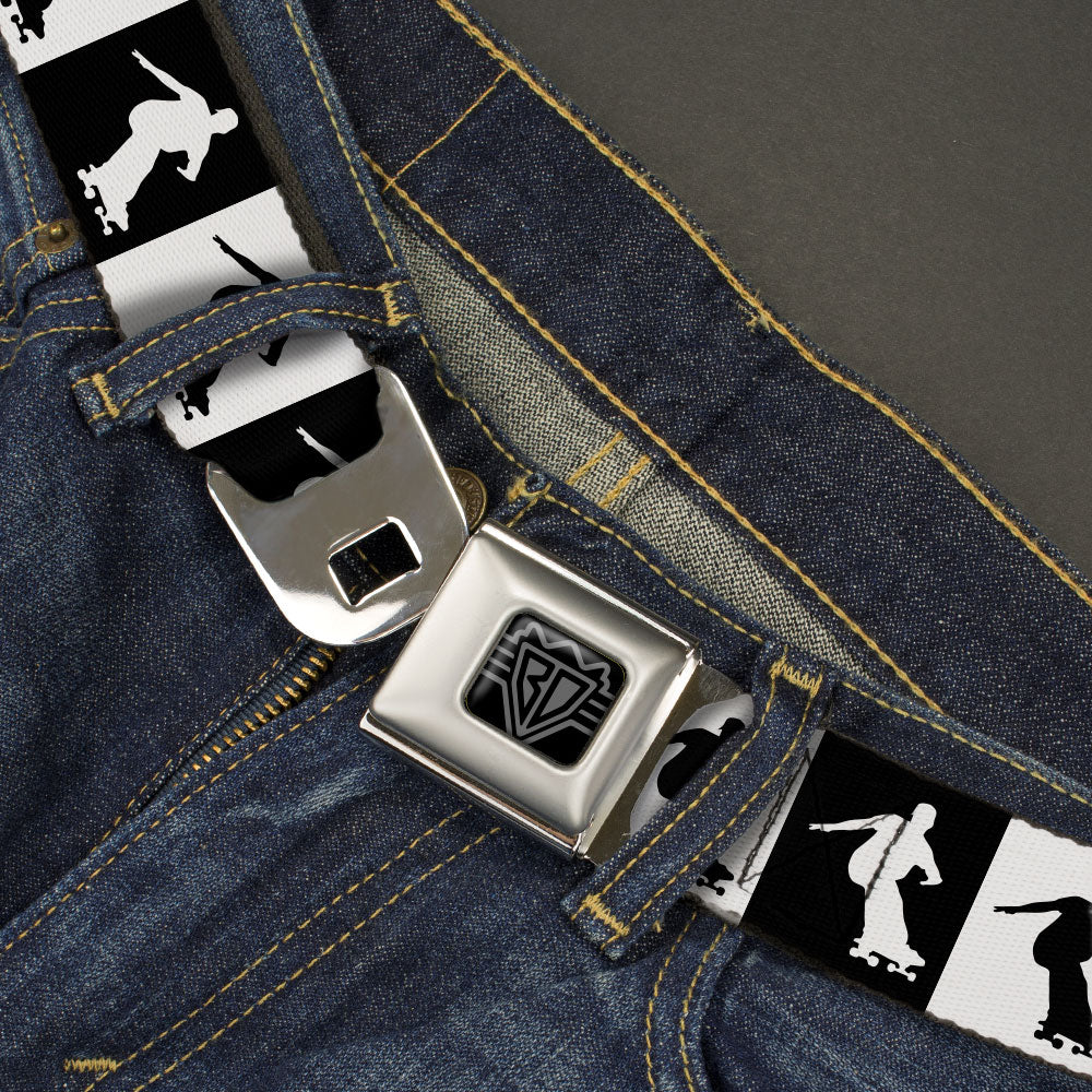 BD Wings Logo CLOSE-UP Black/Silver Seatbelt Belt - Skater Silhouette Blocks Black/White Webbing Seatbelt Belts Buckle-Down