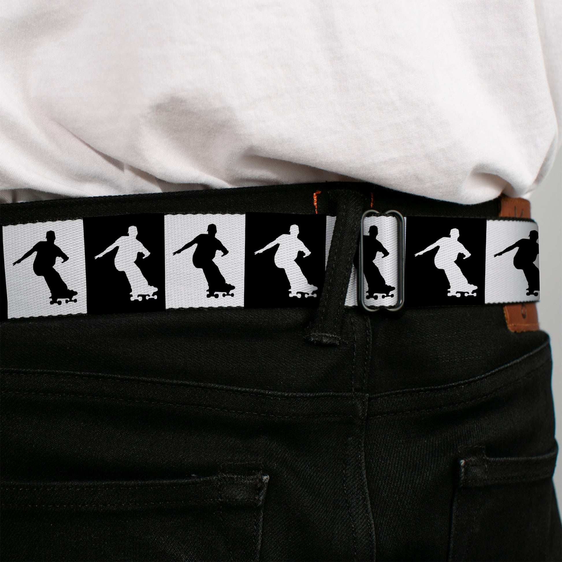 BD Wings Logo CLOSE-UP Black/Silver Seatbelt Belt - Skater Silhouette Blocks Black/White Webbing Seatbelt Belts Buckle-Down