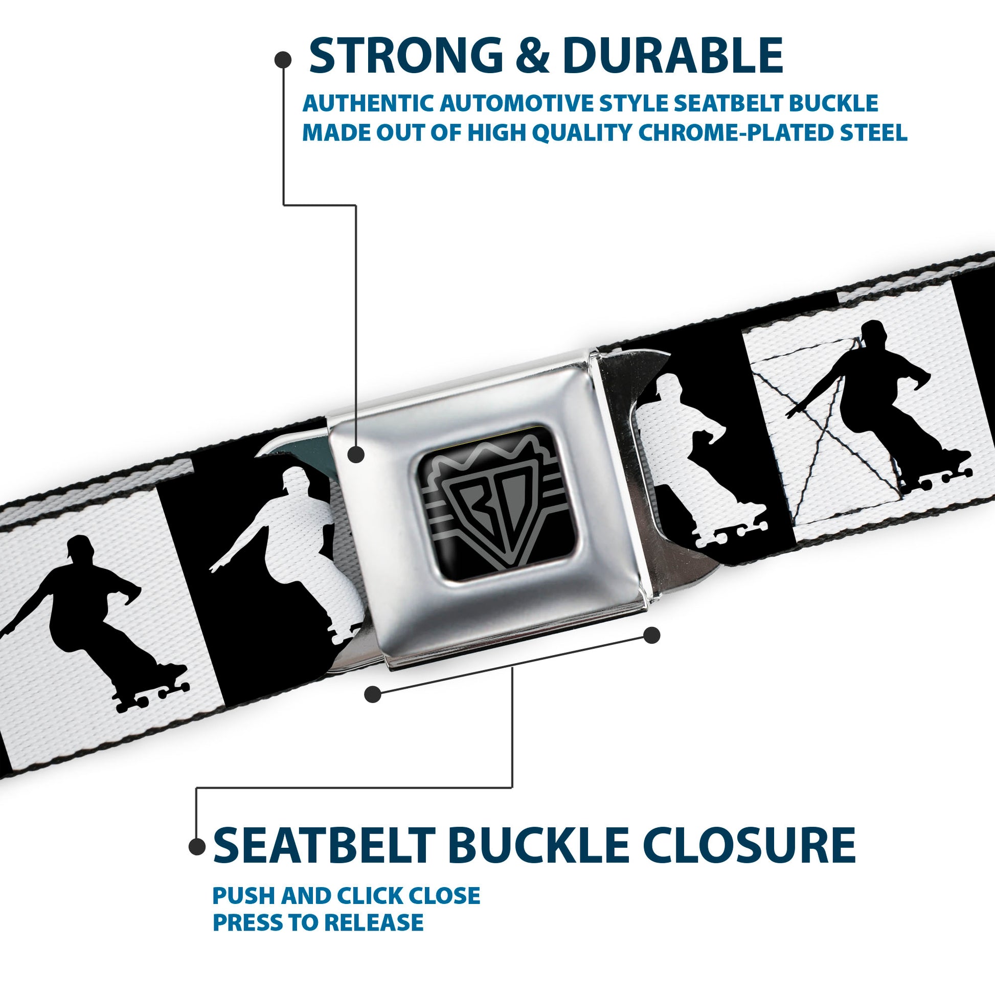 BD Wings Logo CLOSE-UP Black/Silver Seatbelt Belt - Skater Silhouette Blocks Black/White Webbing Seatbelt Belts Buckle-Down