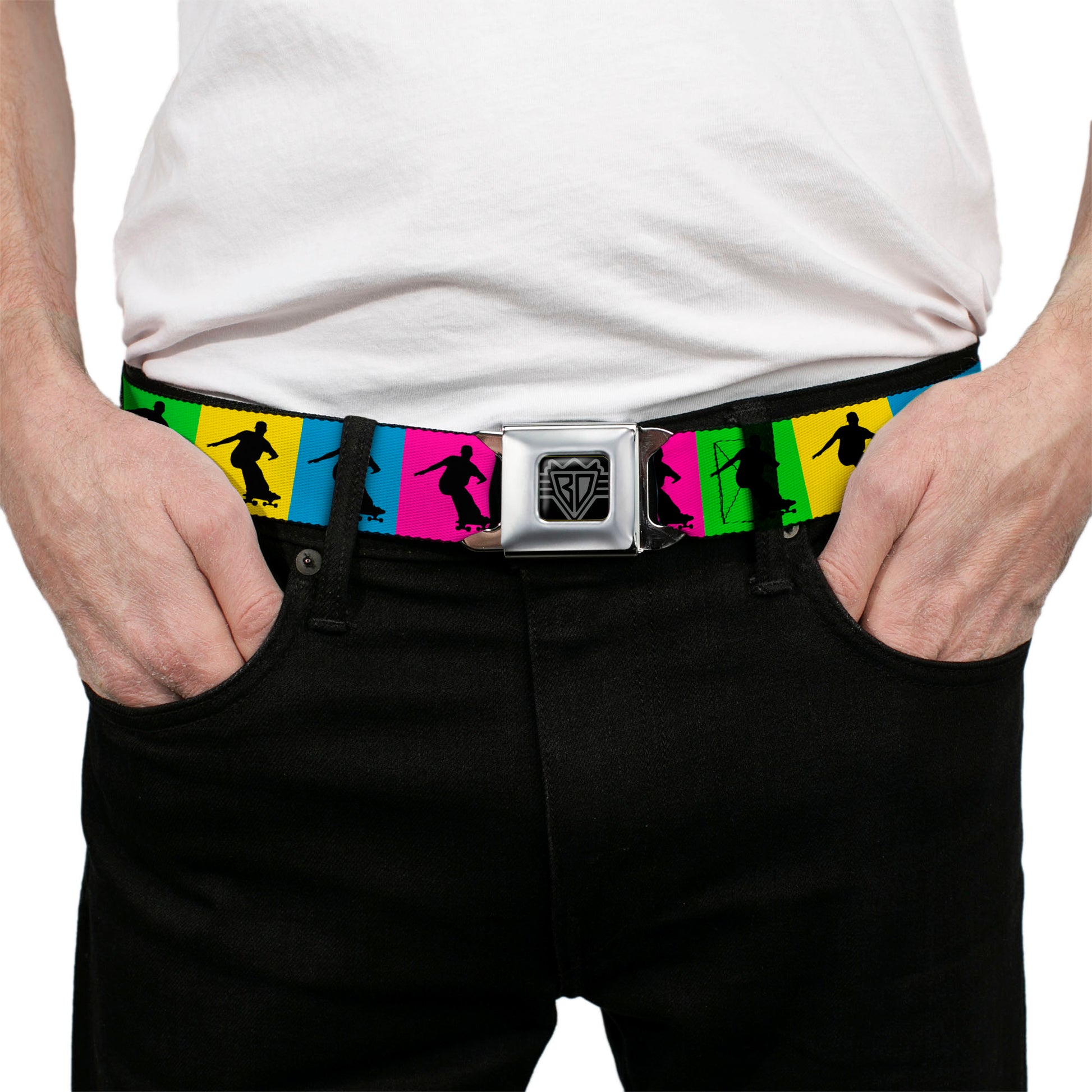 BD Wings Logo CLOSE-UP Black/Silver Seatbelt Belt - Skater Silhouette Blocks Multi Color/Black Webbing Seatbelt Belts Buckle-Down