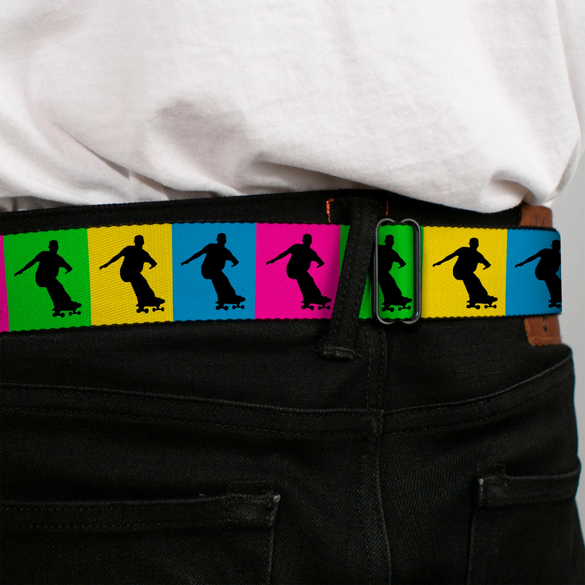 BD Wings Logo CLOSE-UP Black/Silver Seatbelt Belt - Skater Silhouette Blocks Multi Color/Black Webbing Seatbelt Belts Buckle-Down