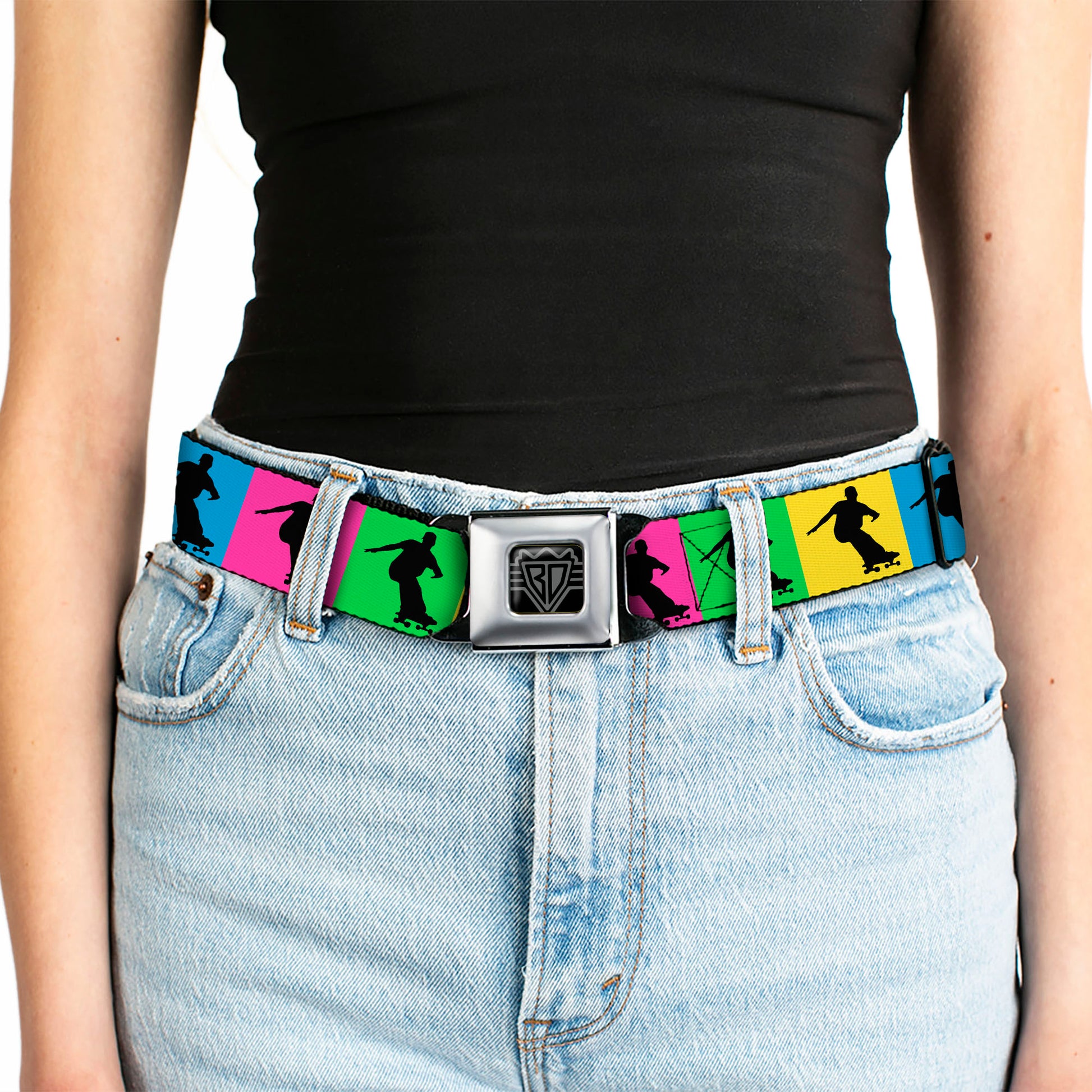BD Wings Logo CLOSE-UP Black/Silver Seatbelt Belt - Skater Silhouette Blocks Multi Color/Black Webbing Seatbelt Belts Buckle-Down