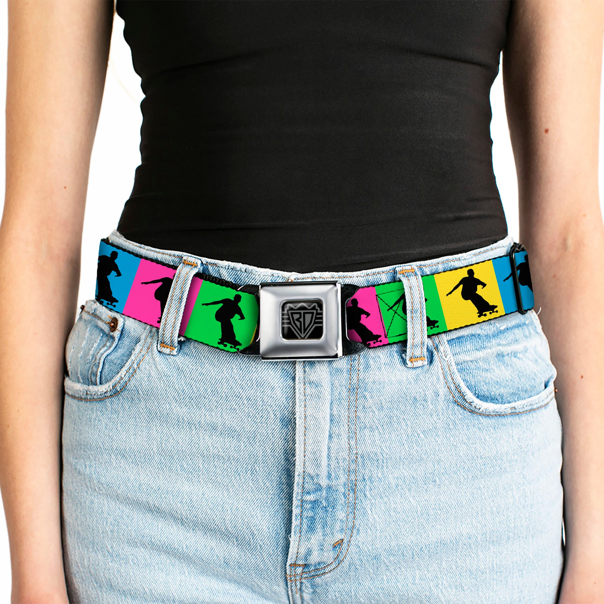 BD Wings Logo CLOSE-UP Black/Silver Seatbelt Belt - Skater Silhouette Blocks Multi Color/Black Webbing Seatbelt Belts Buckle-Down