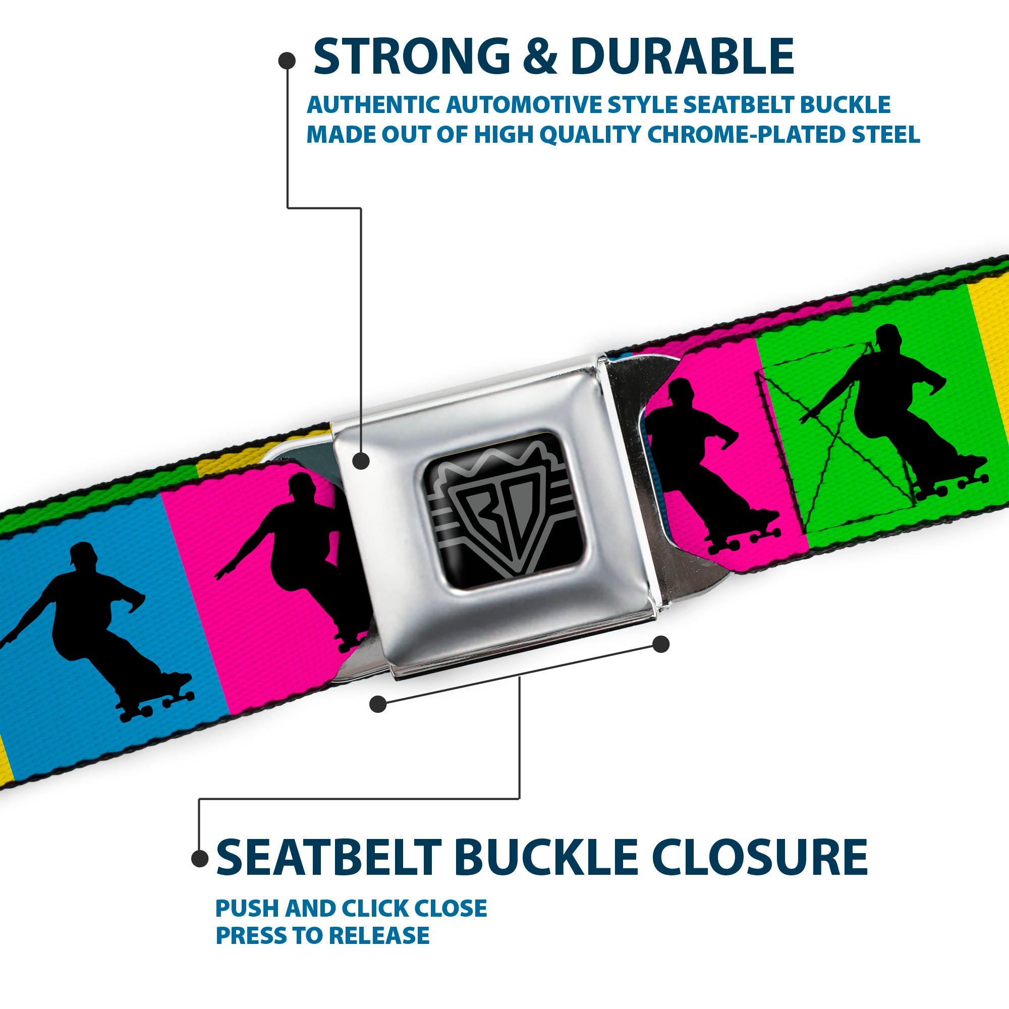 BD Wings Logo CLOSE-UP Black/Silver Seatbelt Belt - Skater Silhouette Blocks Multi Color/Black Webbing Seatbelt Belts Buckle-Down