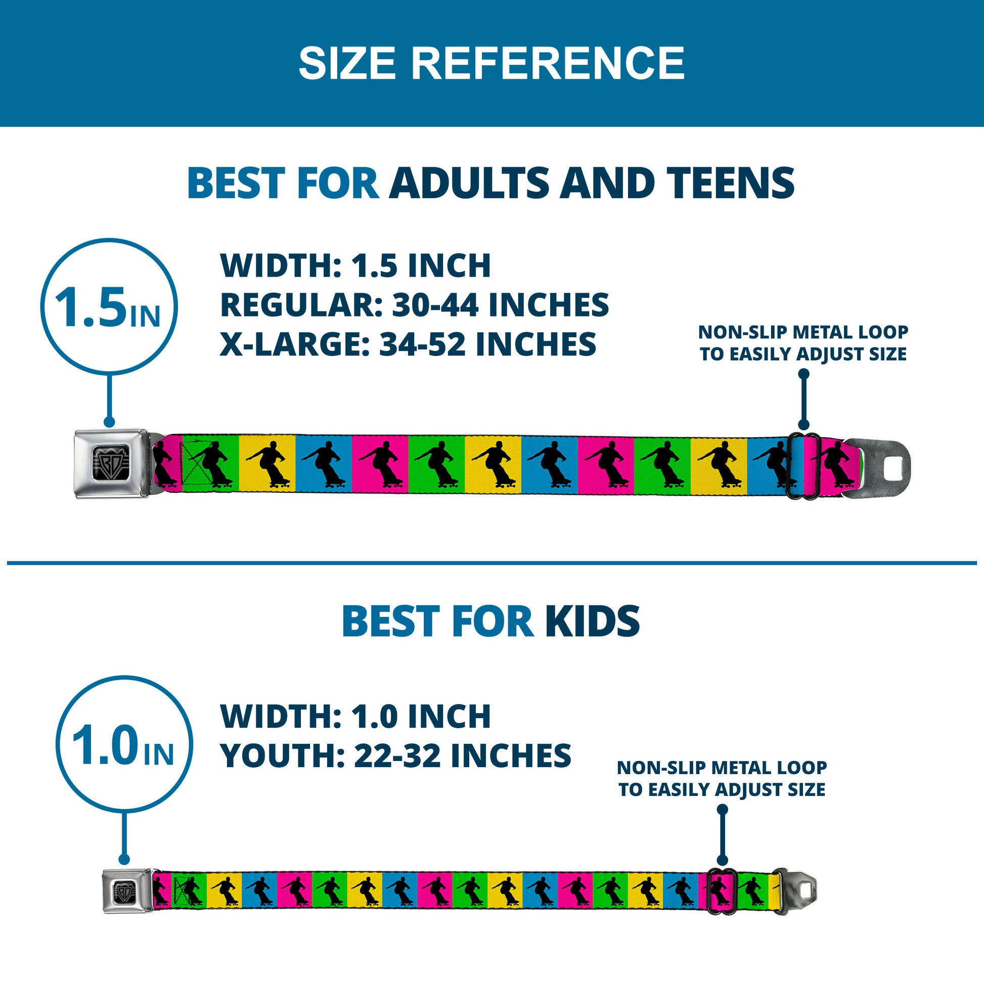 BD Wings Logo CLOSE-UP Black/Silver Seatbelt Belt - Skater Silhouette Blocks Multi Color/Black Webbing Seatbelt Belts Buckle-Down