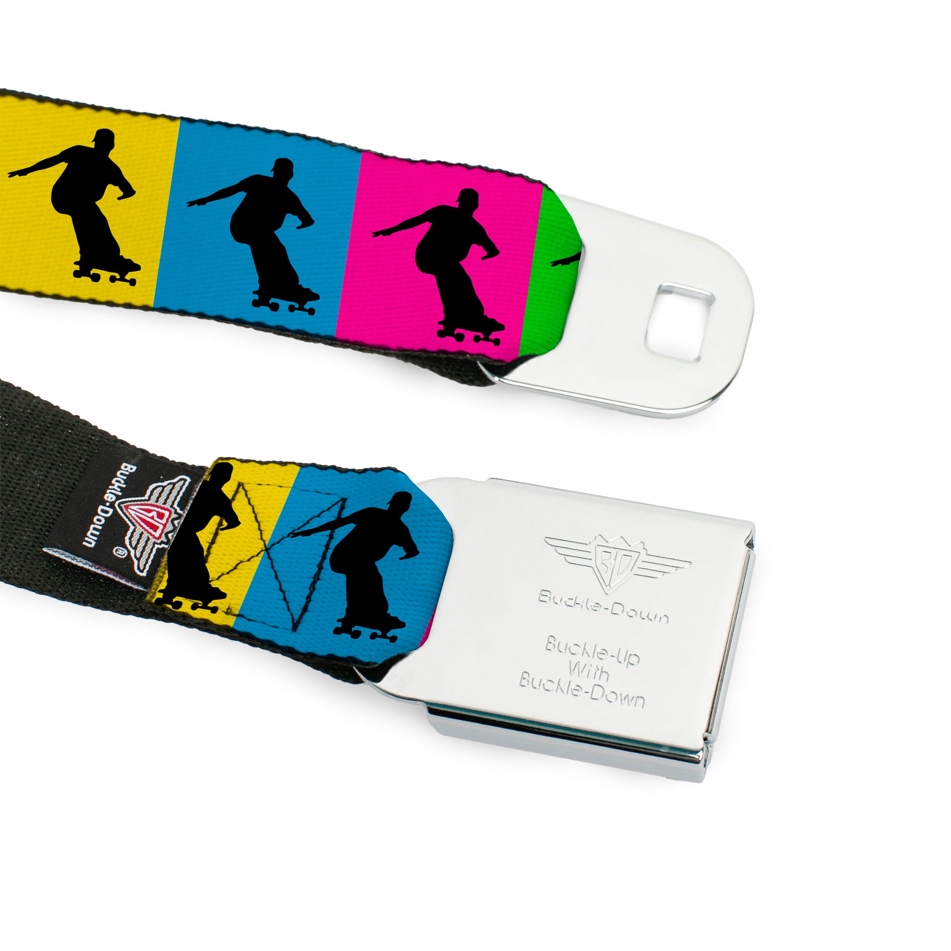 BD Wings Logo CLOSE-UP Black/Silver Seatbelt Belt - Skater Silhouette Blocks Multi Color/Black Webbing Seatbelt Belts Buckle-Down