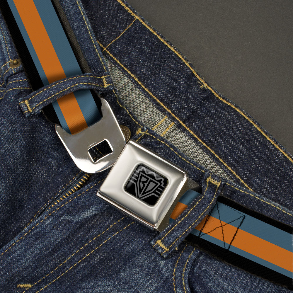 BD Wings Logo CLOSE-UP Black/Silver Seatbelt Belt - Stripes Black/Steel Blue/Orange Webbing Seatbelt Belts Buckle-Down