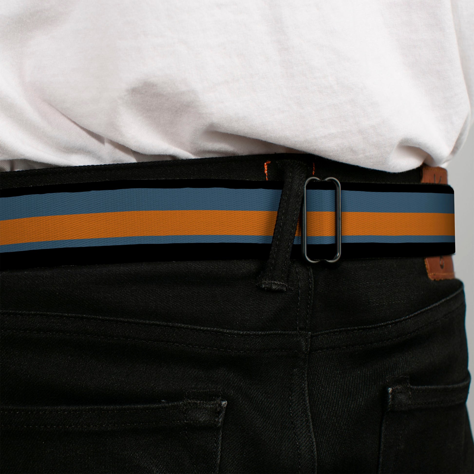 BD Wings Logo CLOSE-UP Black/Silver Seatbelt Belt - Stripes Black/Steel Blue/Orange Webbing Seatbelt Belts Buckle-Down