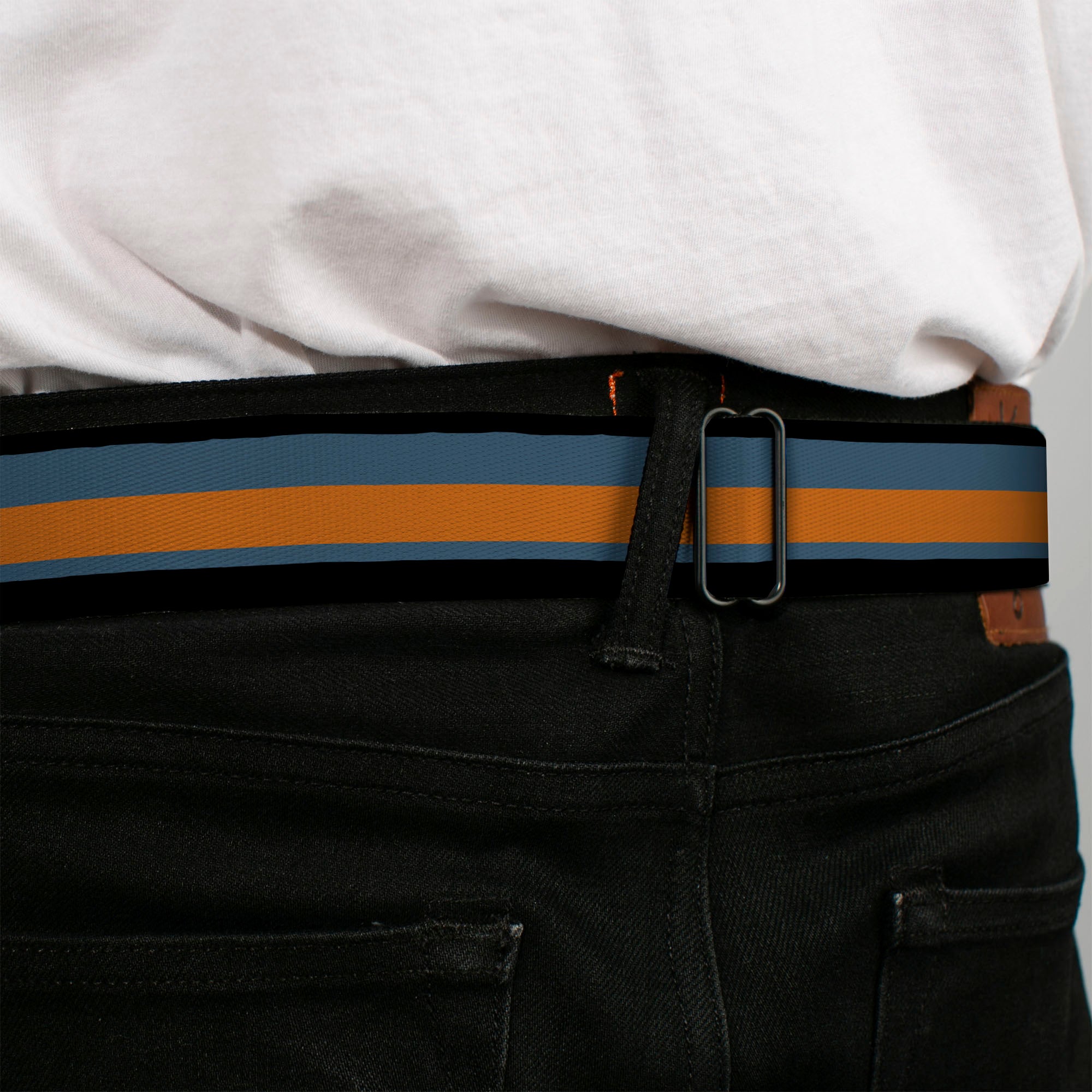 BD Wings Logo CLOSE-UP Black/Silver Seatbelt Belt - Stripes Black/Steel Blue/Orange Webbing Seatbelt Belts Buckle-Down