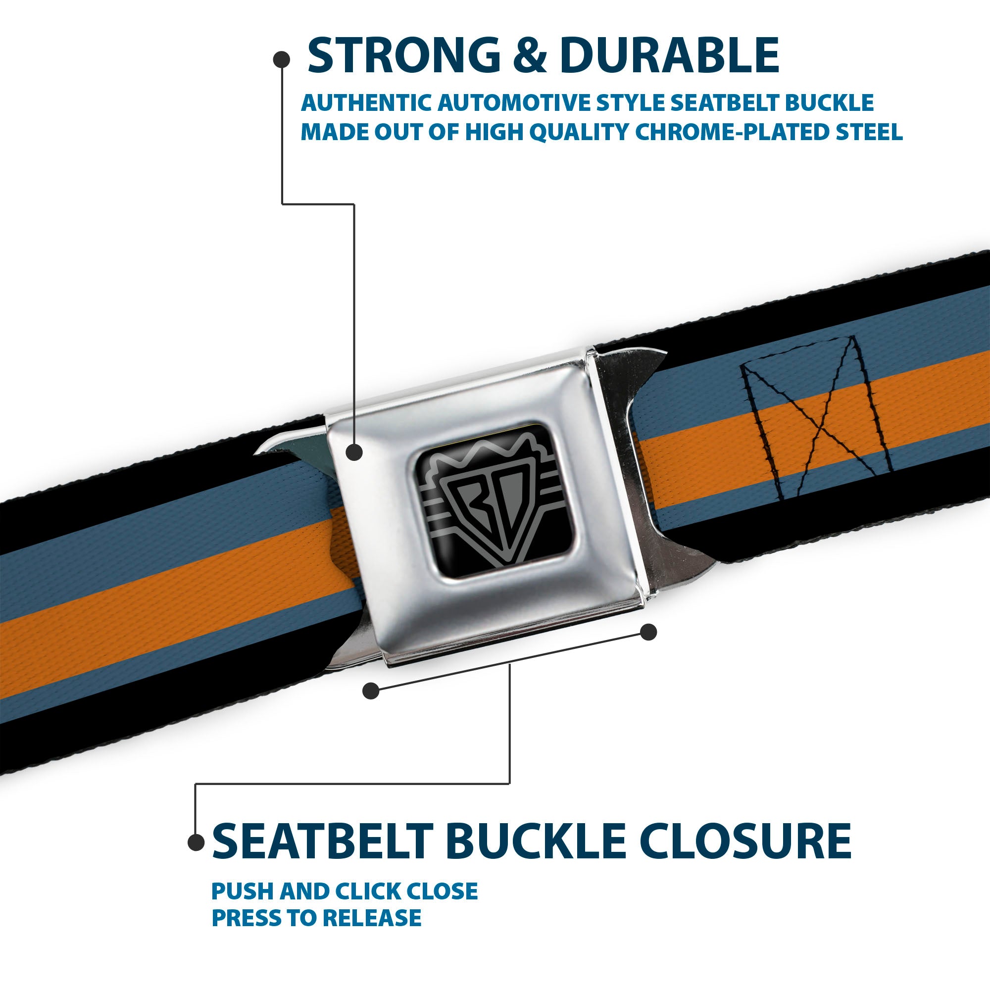 BD Wings Logo CLOSE-UP Black/Silver Seatbelt Belt - Stripes Black/Steel Blue/Orange Webbing Seatbelt Belts Buckle-Down