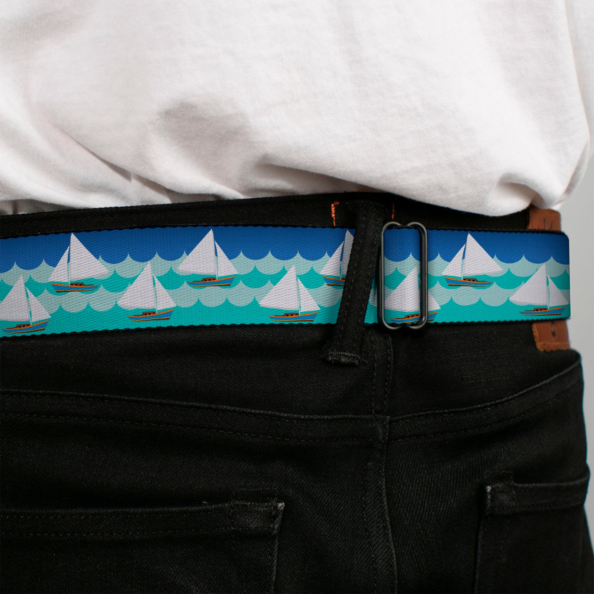 BD Wings Logo CLOSE-UP Black/Silver Seatbelt Belt - Sailboats/Waves Blues Webbing Seatbelt Belts Buckle-Down