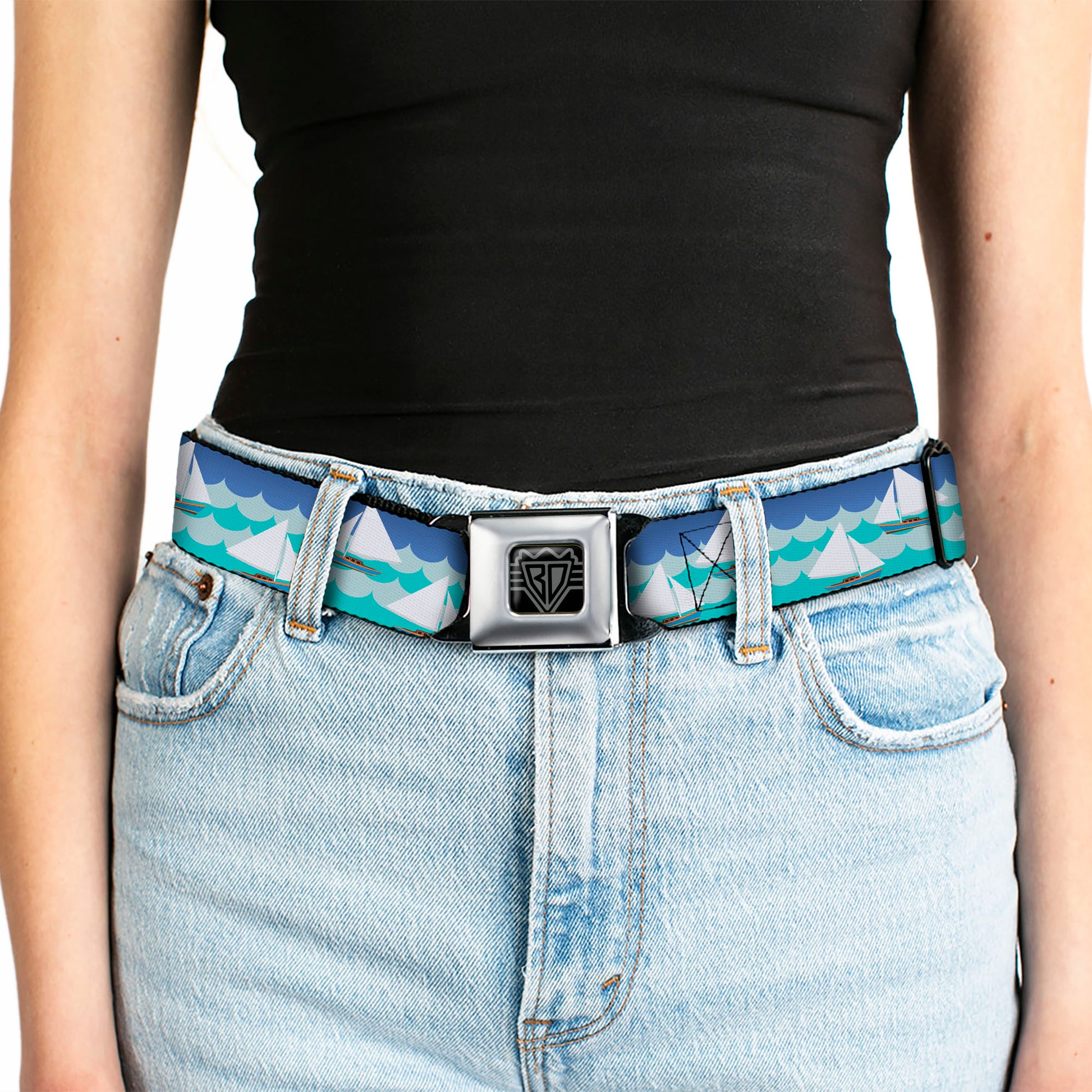 BD Wings Logo CLOSE-UP Black/Silver Seatbelt Belt - Sailboats/Waves Blues Webbing Seatbelt Belts Buckle-Down
