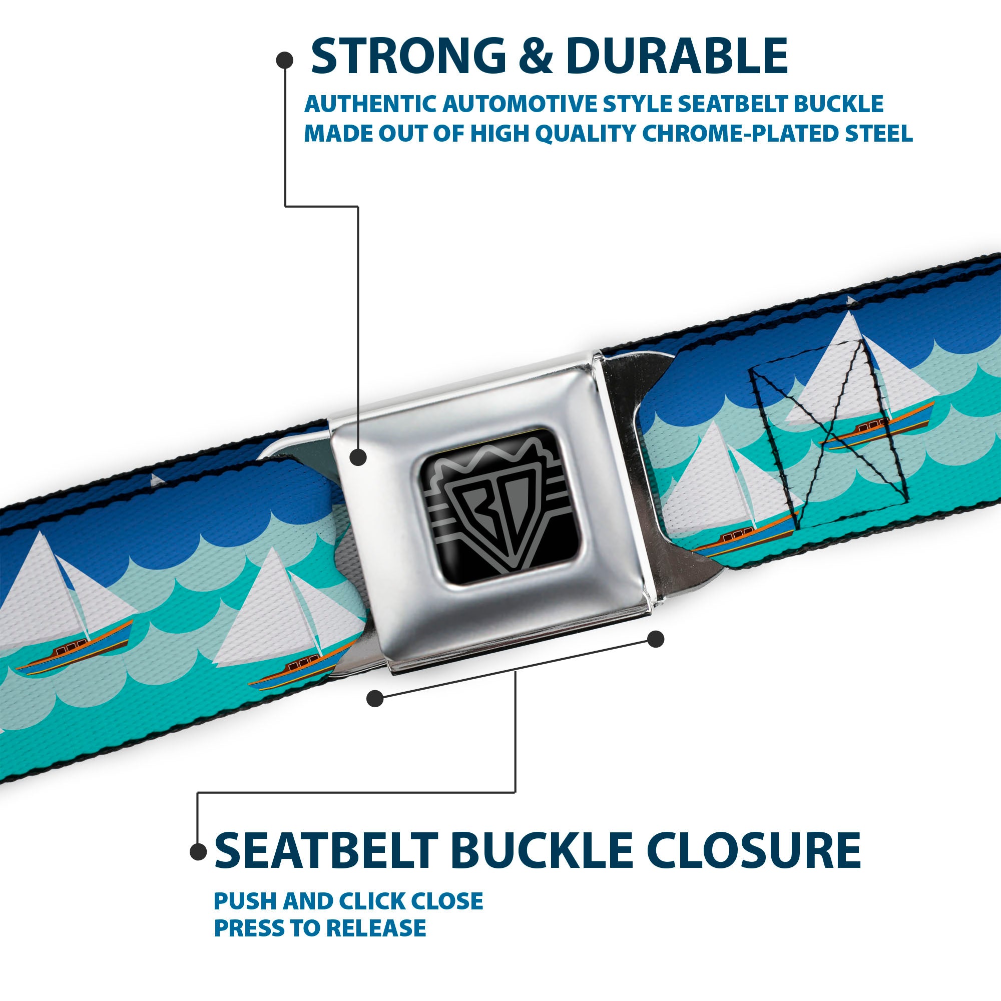 BD Wings Logo CLOSE-UP Black/Silver Seatbelt Belt - Sailboats/Waves Blues Webbing Seatbelt Belts Buckle-Down