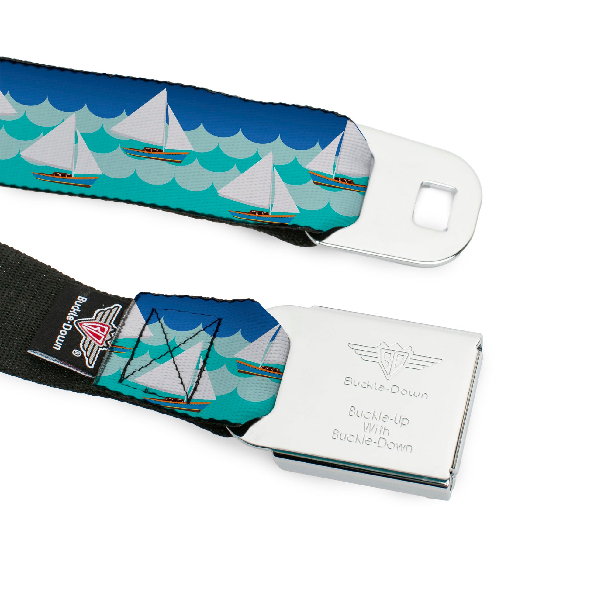 BD Wings Logo CLOSE-UP Black/Silver Seatbelt Belt - Sailboats/Waves Blues Webbing Seatbelt Belts Buckle-Down
