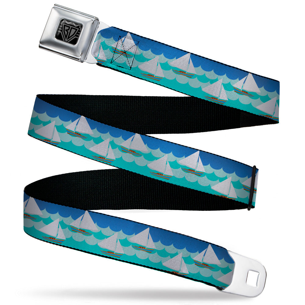 BD Wings Logo CLOSE-UP Black/Silver Seatbelt Belt - Sailboats/Waves Blues Webbing Seatbelt Belts Buckle-Down