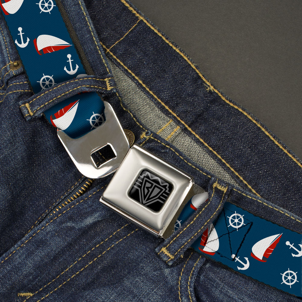 BD Wings Logo CLOSE-UP Black/Silver Seatbelt Belt - Sailboat/Anchor/Helm Scattered Navy/White/Red Webbing Seatbelt Belts Buckle-Down