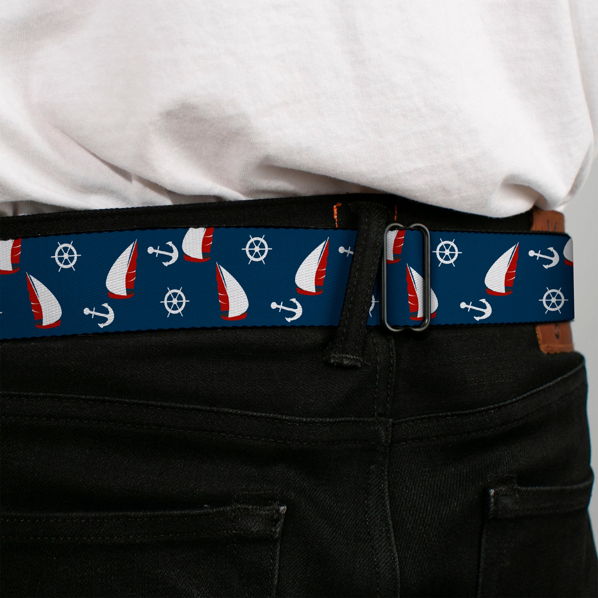 BD Wings Logo CLOSE-UP Black/Silver Seatbelt Belt - Sailboat/Anchor/Helm Scattered Navy/White/Red Webbing Seatbelt Belts Buckle-Down