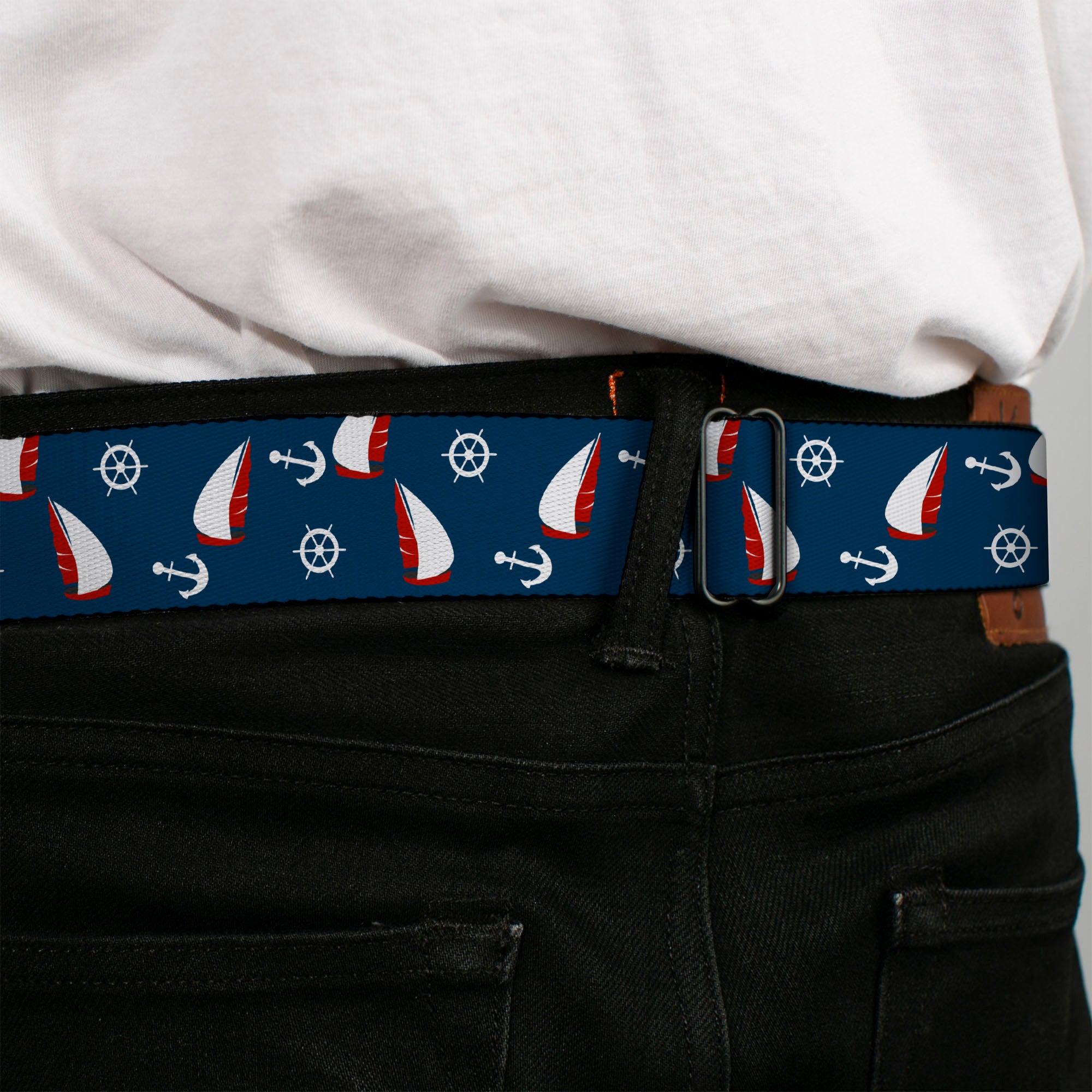 BD Wings Logo CLOSE-UP Black/Silver Seatbelt Belt - Sailboat/Anchor/Helm Scattered Navy/White/Red Webbing Seatbelt Belts Buckle-Down