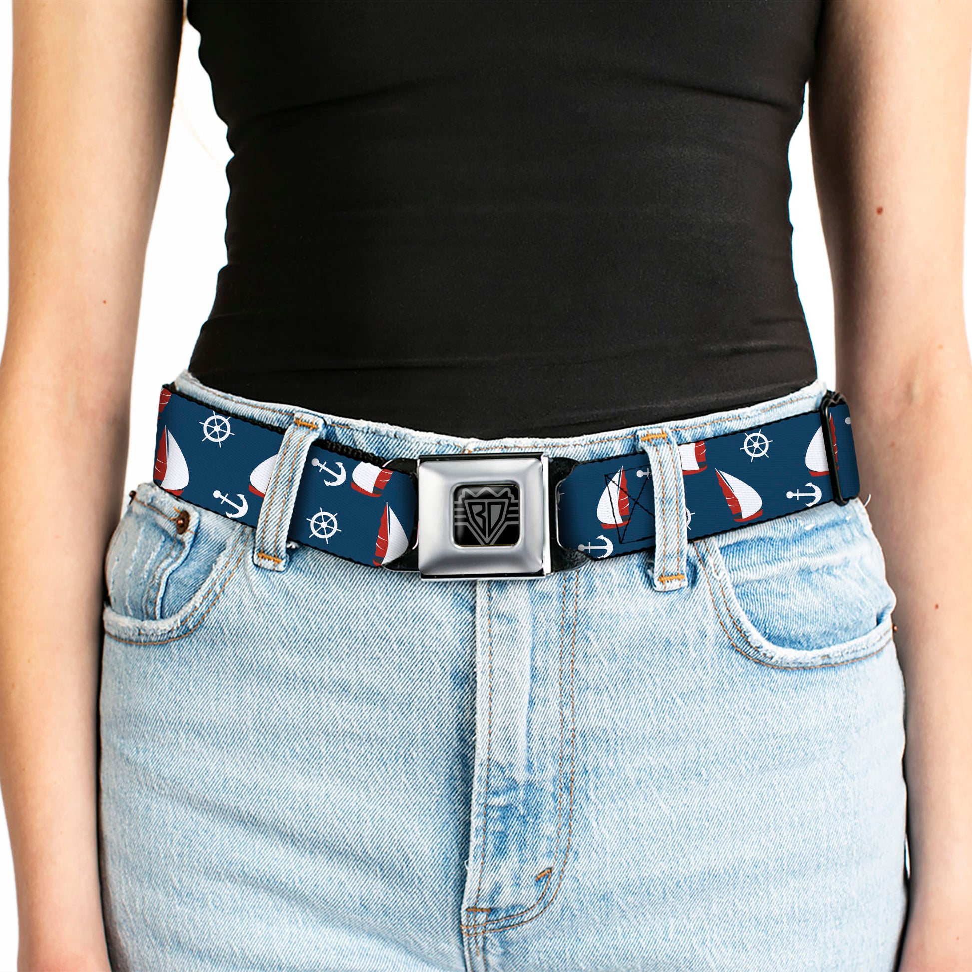BD Wings Logo CLOSE-UP Black/Silver Seatbelt Belt - Sailboat/Anchor/Helm Scattered Navy/White/Red Webbing Seatbelt Belts Buckle-Down