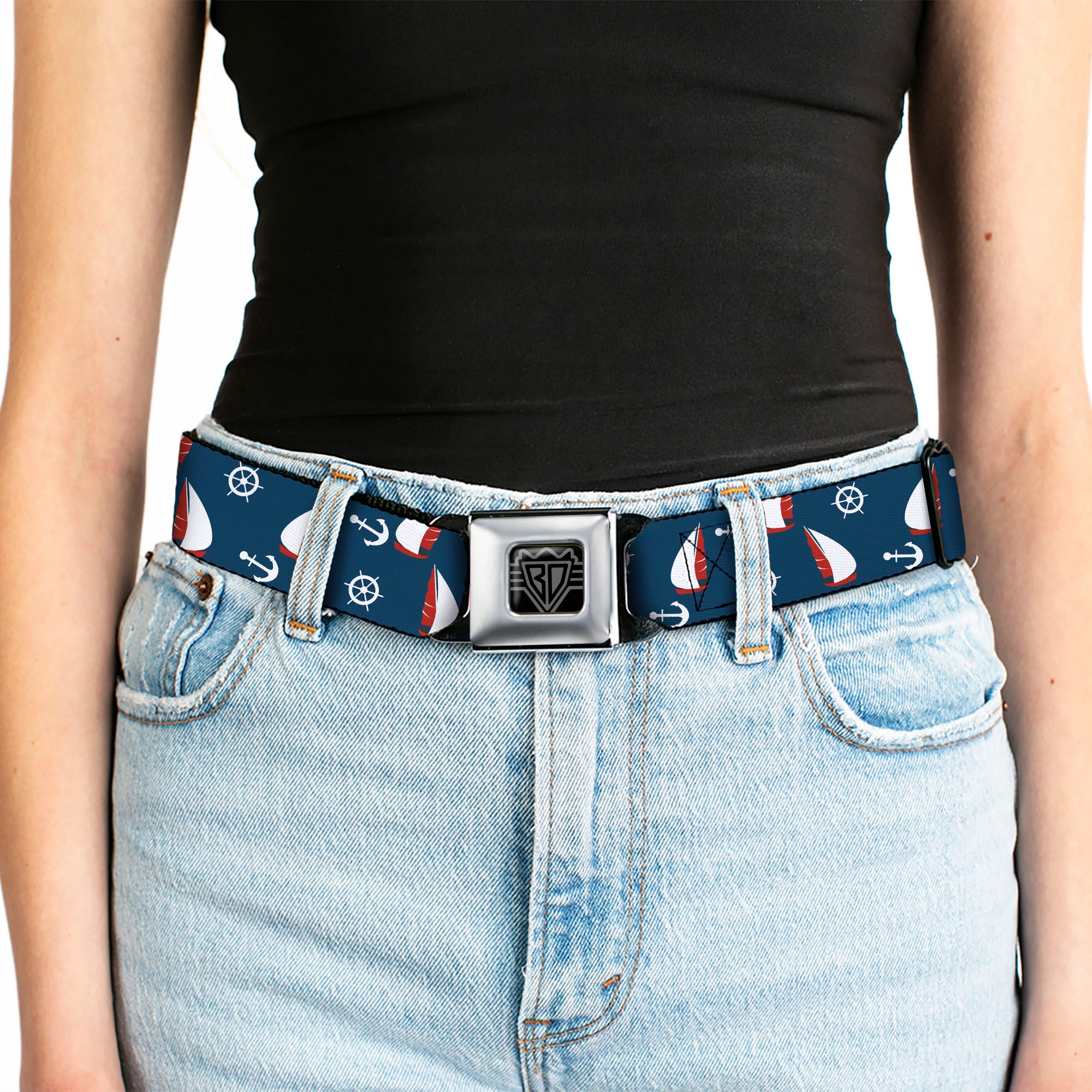 BD Wings Logo CLOSE-UP Black/Silver Seatbelt Belt - Sailboat/Anchor/Helm Scattered Navy/White/Red Webbing Seatbelt Belts Buckle-Down