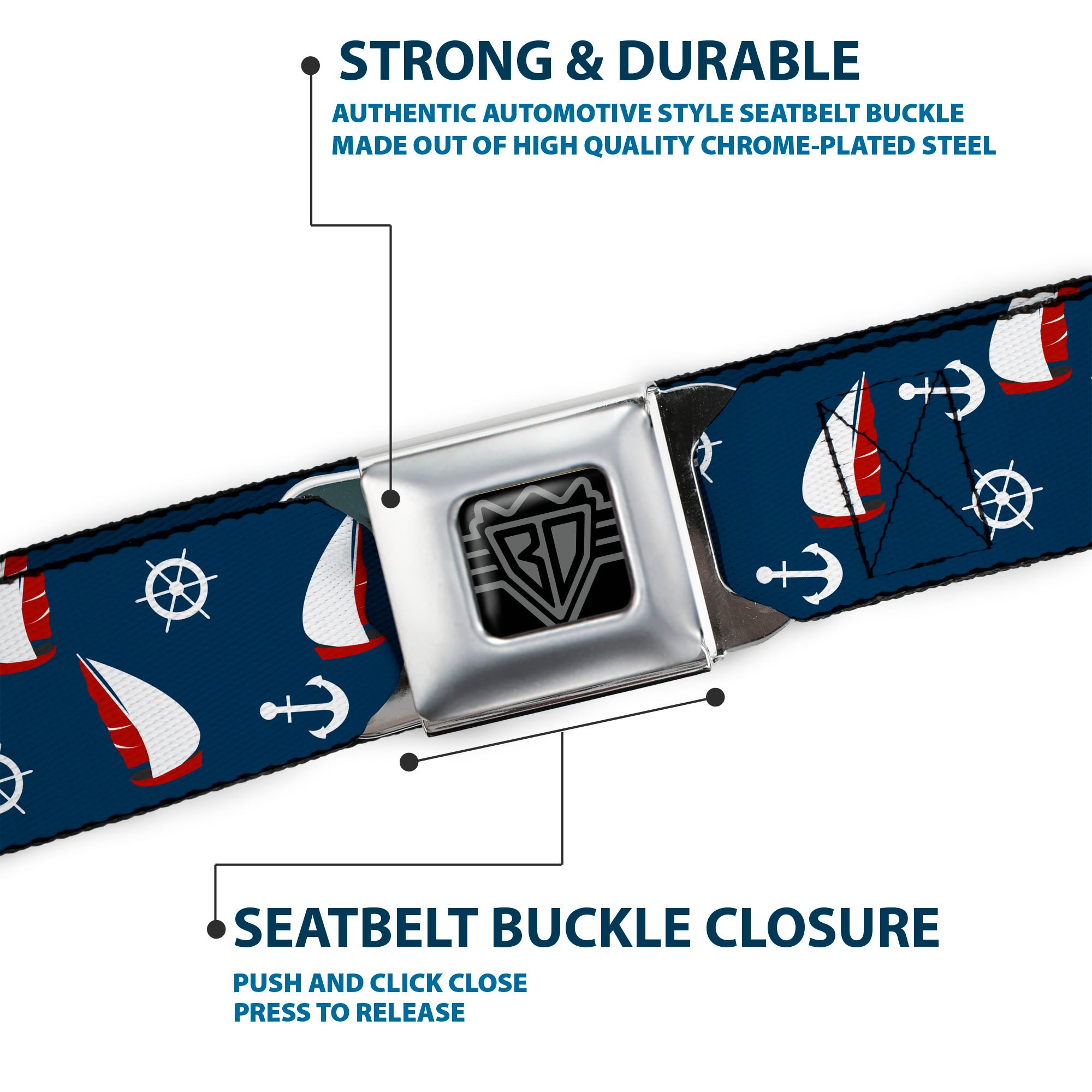 BD Wings Logo CLOSE-UP Black/Silver Seatbelt Belt - Sailboat/Anchor/Helm Scattered Navy/White/Red Webbing Seatbelt Belts Buckle-Down