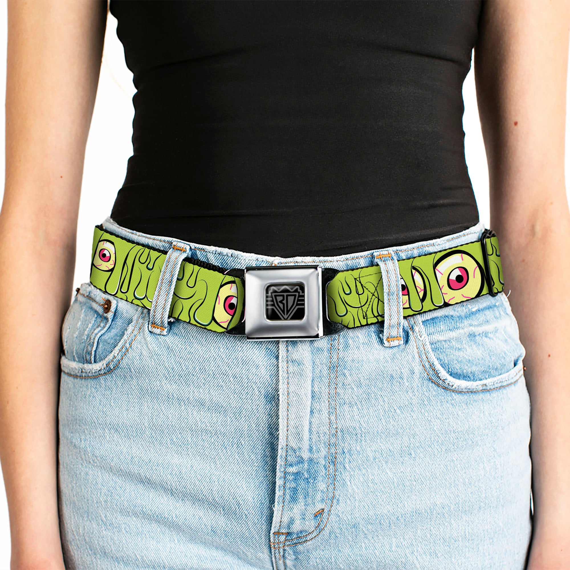 BD Wings Logo CLOSE-UP Black/Silver Seatbelt Belt - Slimy Eye Balls Green/Black/Yellow/Green Webbing Seatbelt Belts Buckle-Down