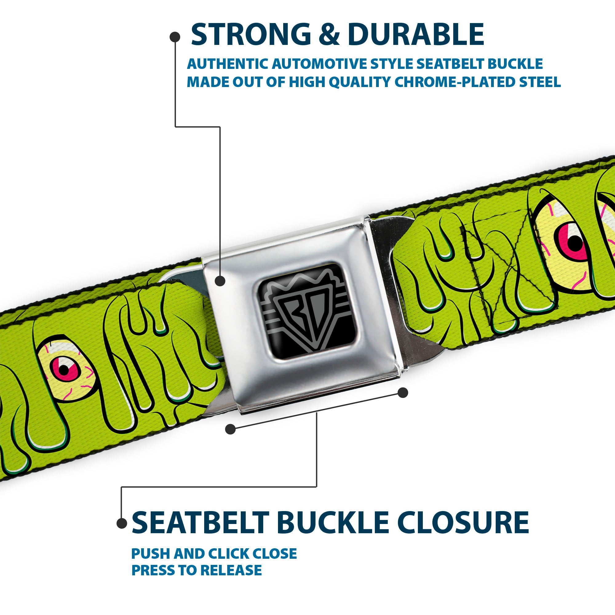 BD Wings Logo CLOSE-UP Black/Silver Seatbelt Belt - Slimy Eye Balls Green/Black/Yellow/Green Webbing Seatbelt Belts Buckle-Down